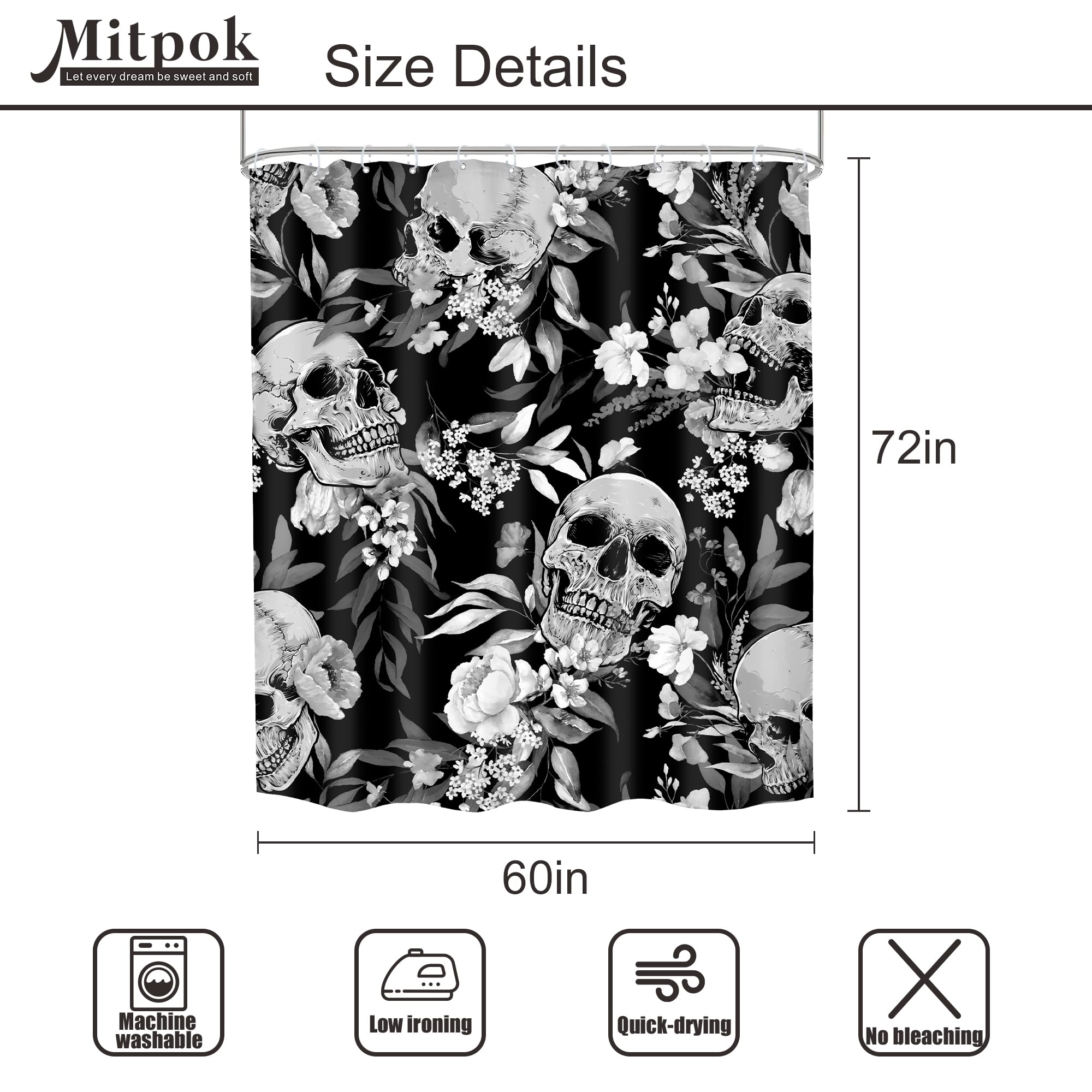 Mitpok Gothic Sugar Skull Shower Curtain 60Wx72H Black White Skeleton Goth Retro Spooky Flower Floral Halloween Plant Leaves Bot