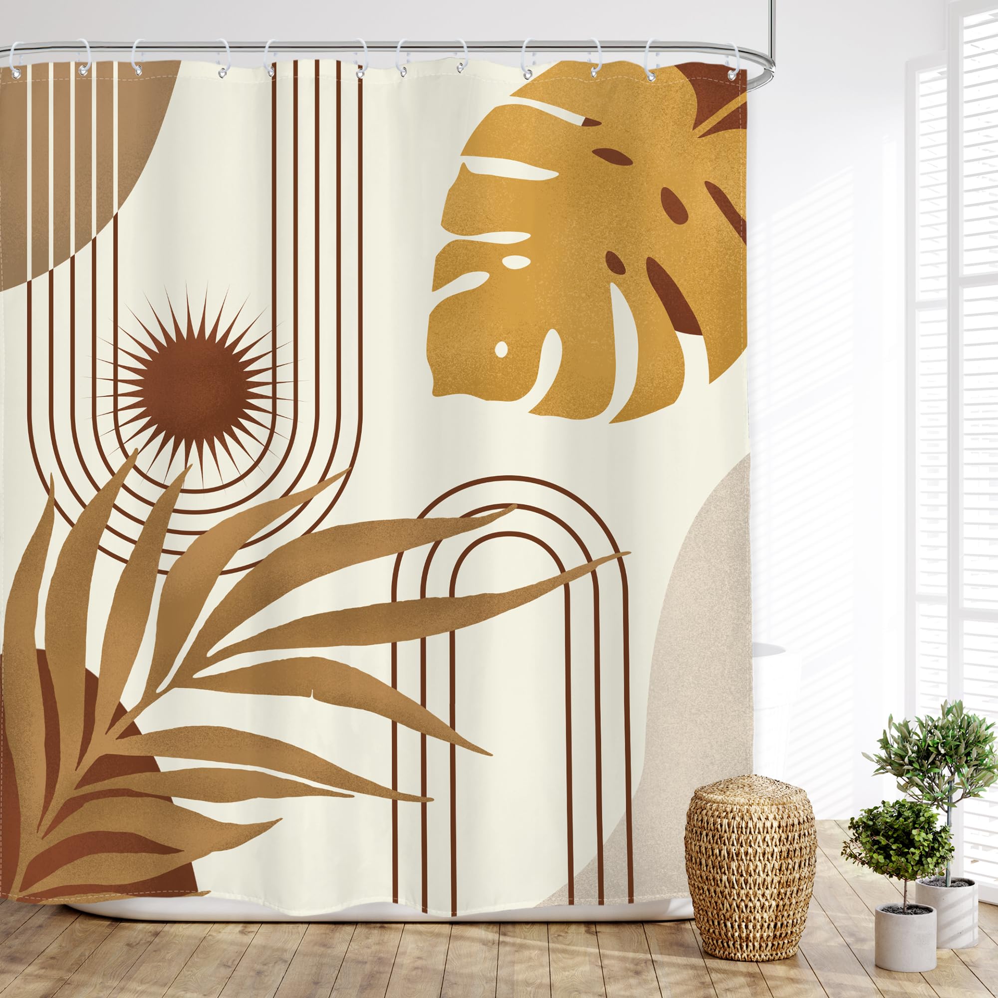 Glawry Boho Mid Century Shower Curtain Yellow Brown Abstract Tropical Palm Leaves Sun Bathroom Minimalist Geometric Arch Retro P