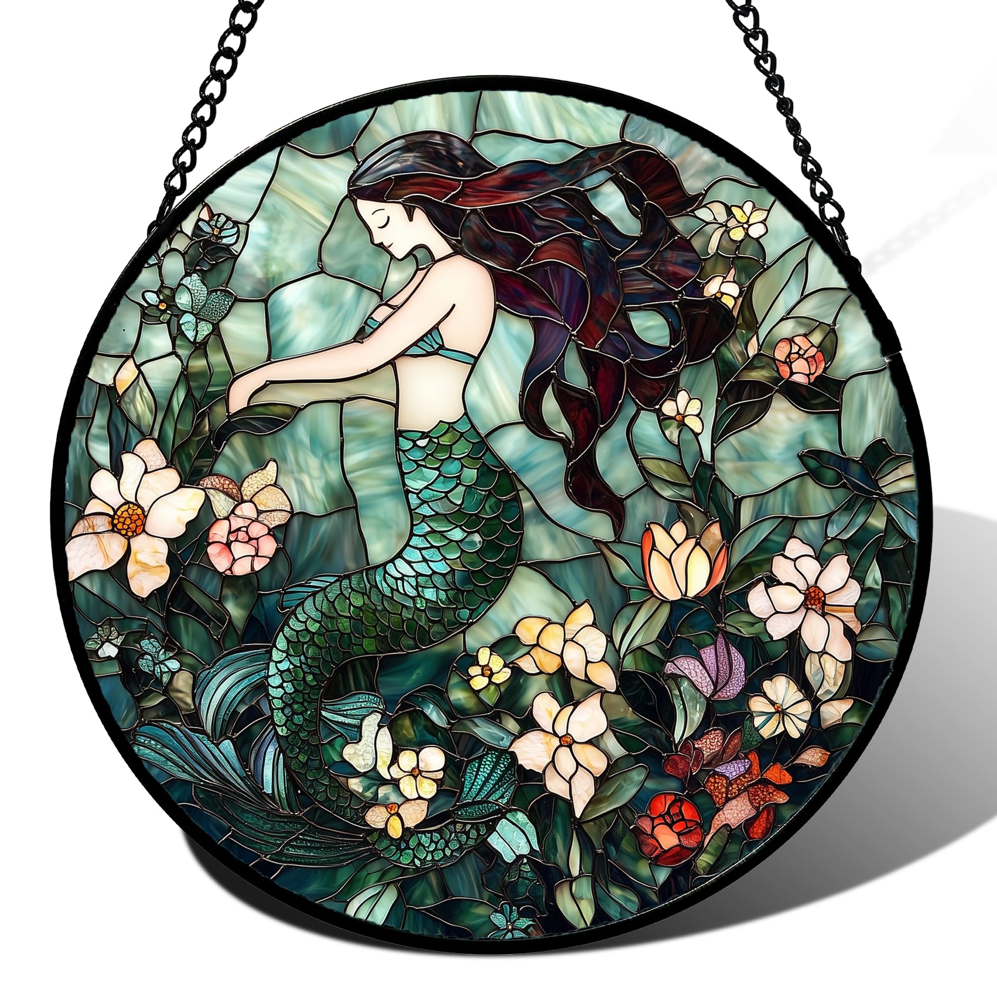 JOSUMALY Stained Glass Window Hanging - Teal Sleeping Mermaid Suncatcher for Door Terrace Garden Home Decor, Sea of Flowers Sun 