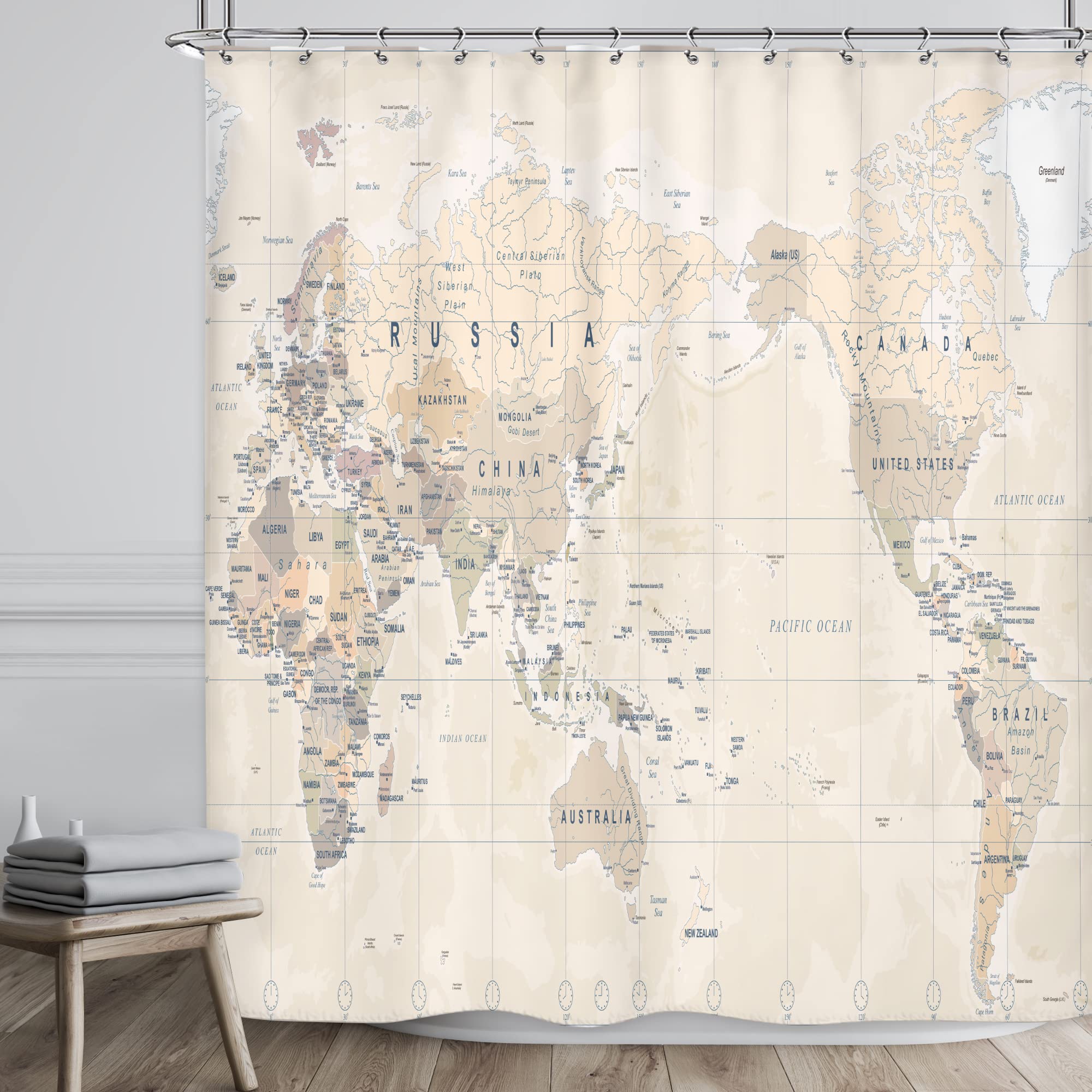 Riyidecor World Map Shower Curtain Travel Educational Vintage Geography Beige Retro Countries Capital The Earth Decor Bathroom F