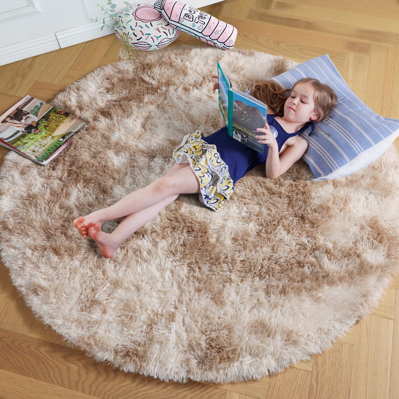 Amdrebio Tie-Dyed Beige Tan Round Area Rug 4Ft for Bedroom, Fluffy Plush Shag Furry Circle Rugs for Kids Room, Living Room Decor