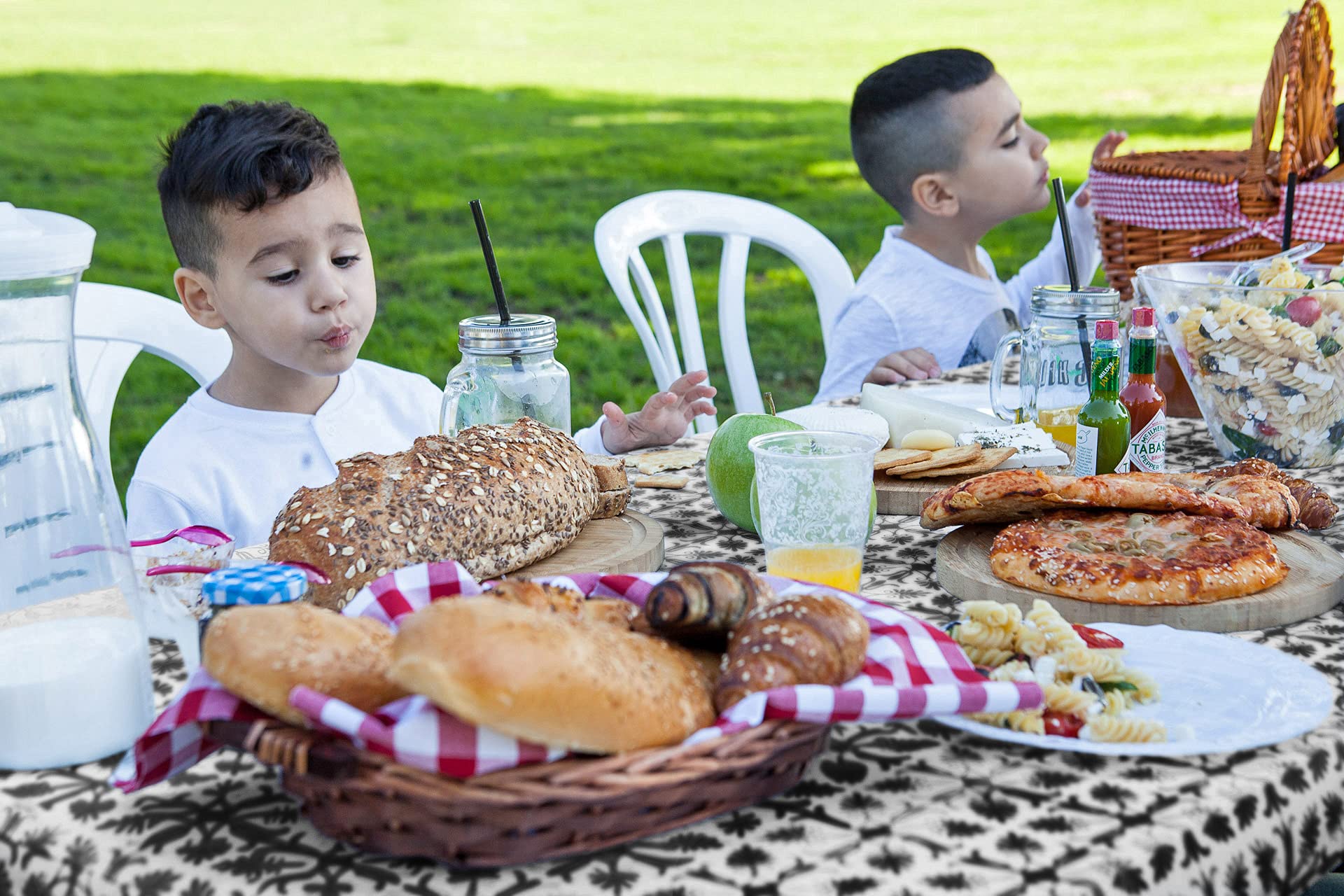 TopTableCloth 8ft 96 x 30 inch Black Patterned Plastic Rectangle Tablecloths Elastic Corner Vinyl Christmas Tablecloth Fitted Rectangular Folding Picnic Table Cover Party Home Thanksgiving