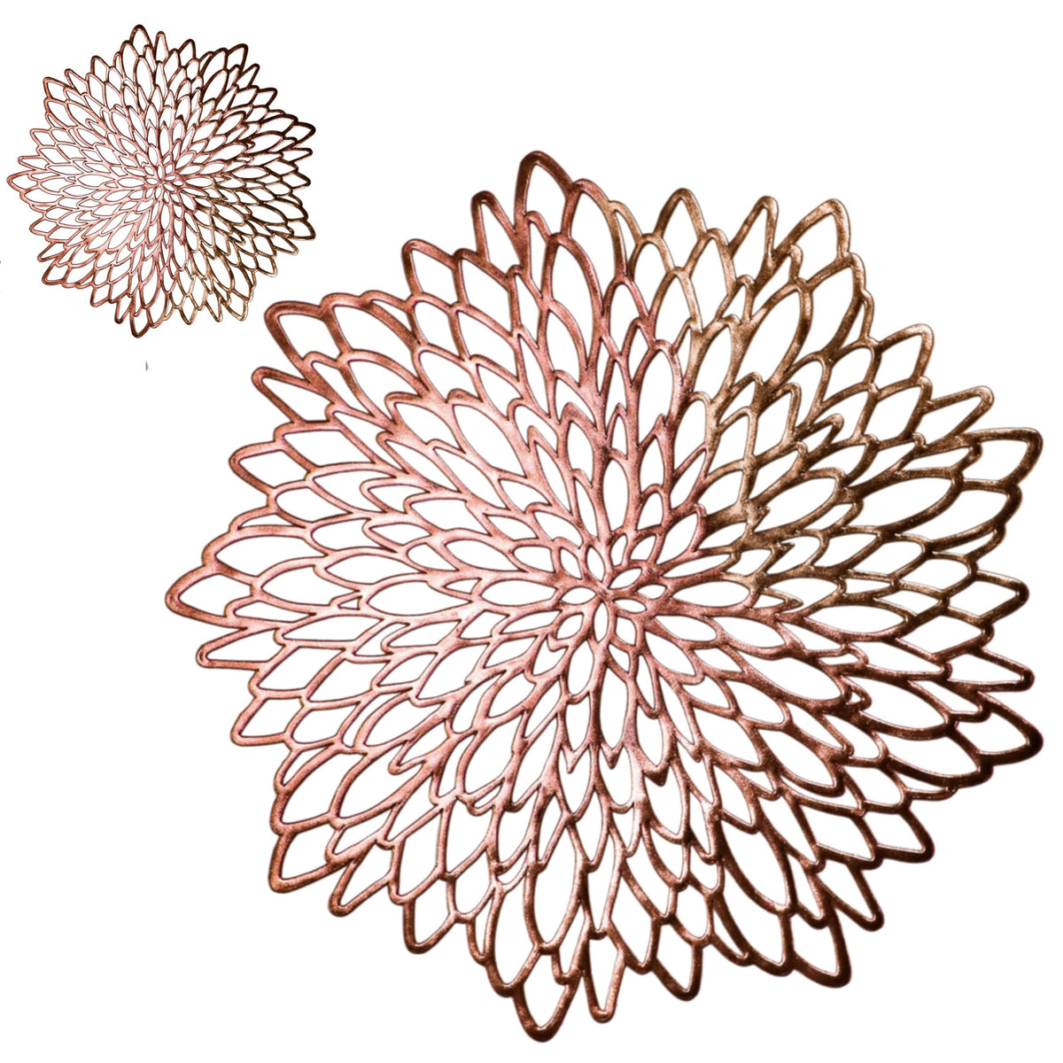 Snowkingdom 6 Pairs Rose Gold Placemats & Coasters 12 Pcs Metallic Pressed Vinyl For Dinning Table Mats Decoration Round Floral