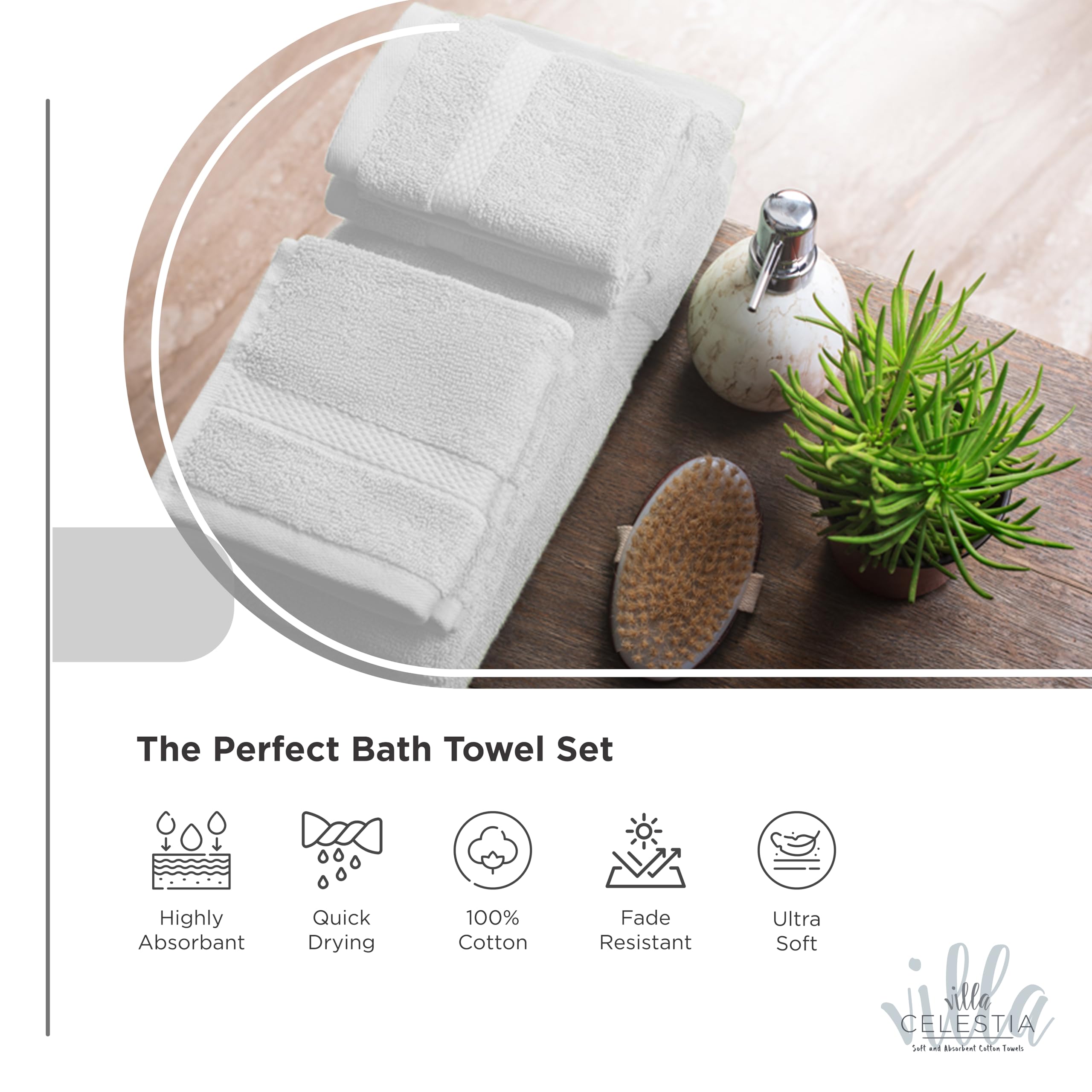 Villa Celestia 100% Cotton Bath Towel Set Of 12-4 Bath Towels, 4 Hand Towels, 4 Wash Cloths, Sustainable, Soft, Highly Absorbent