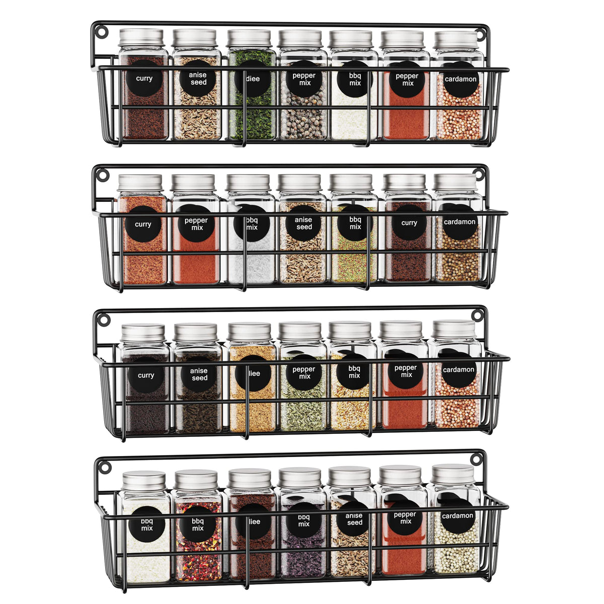 Mystozer Spice Rack Organizer Wall Mount, Hanging Spice Pantry Storage Shelf Organization, 4 Pack Space Saving Seasoning Organiz