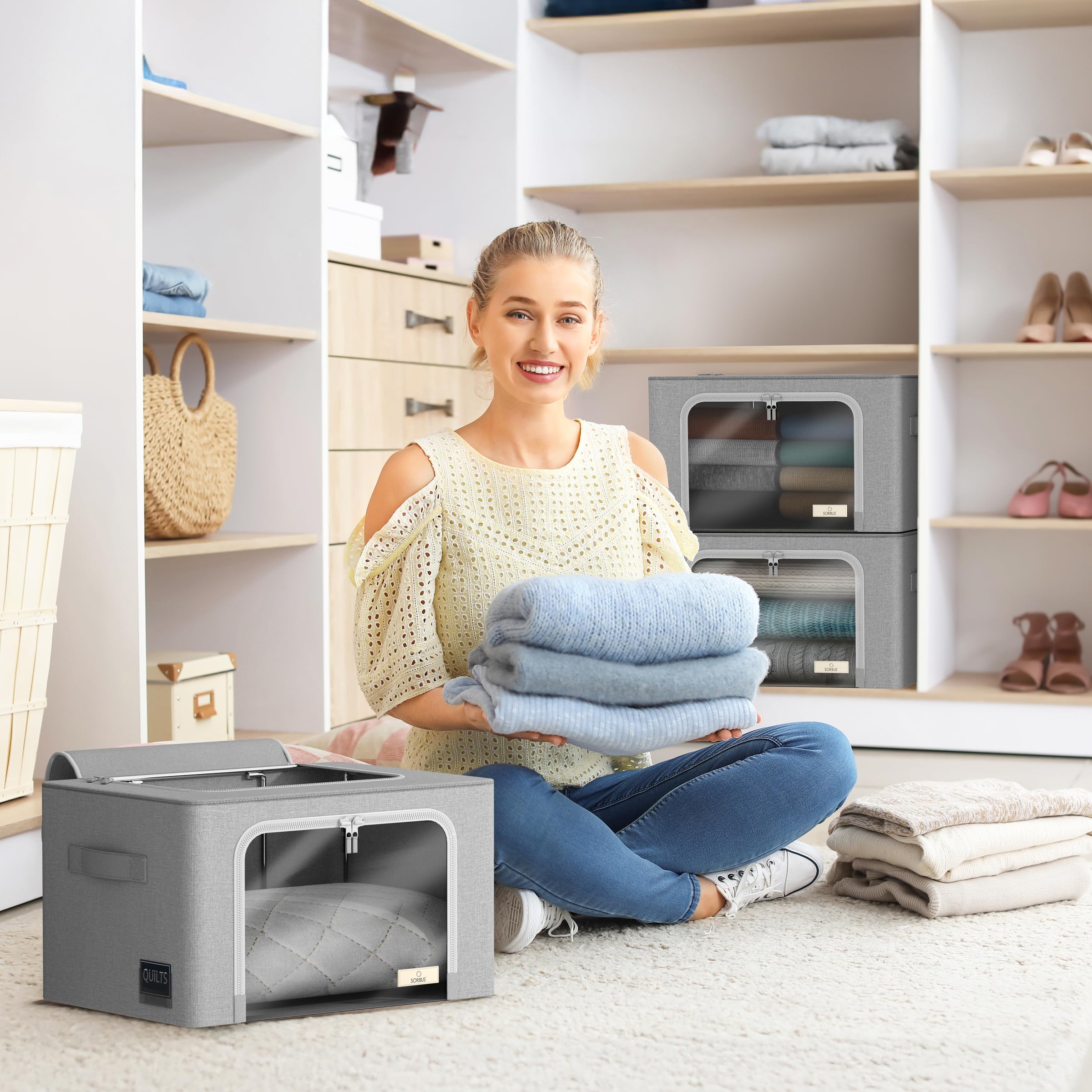 Sorbus Storage Bins with Metal Frame - Stackable & Foldable Clothes Organizer Bags - Oxford Fabric Storage Containers with Large