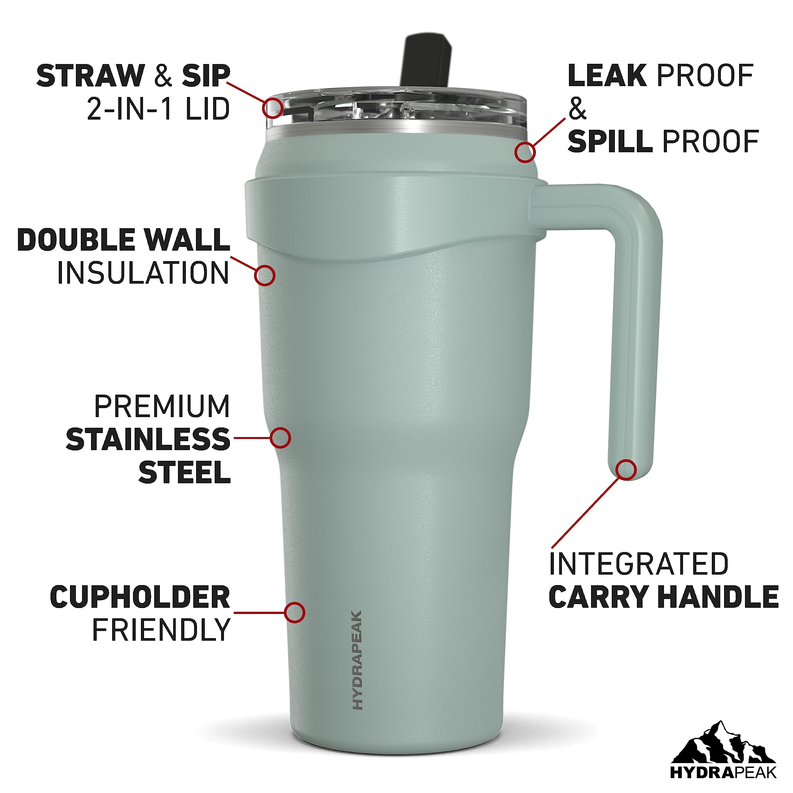 Hydrapeak Roadster 40Oz Stainless Steel Tumbler Double Wall Vacuum Insulated Water Bottle With Handle And 2 In 1 Straw Lid (Pale