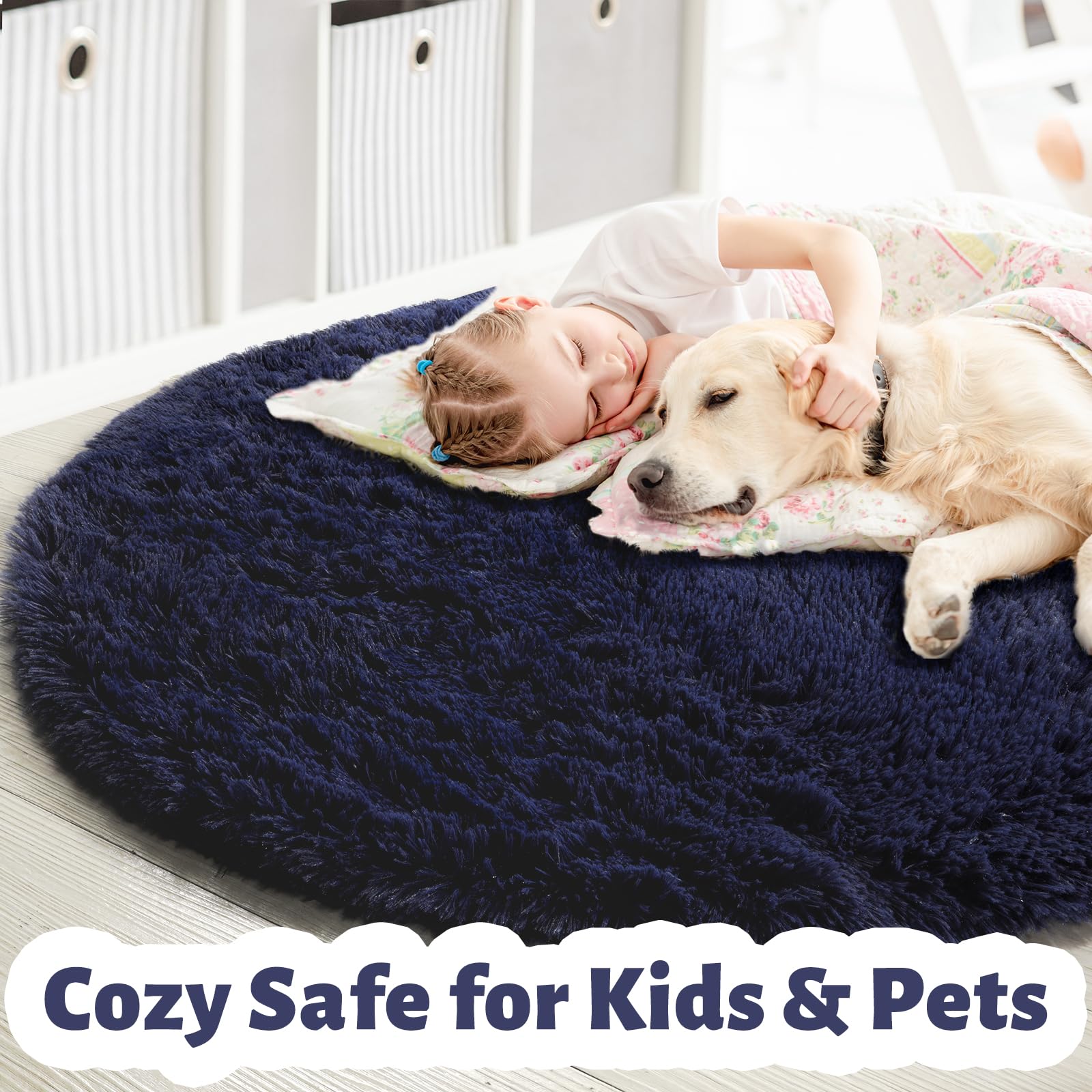 Dark Navy Round Rug 6Ft for Living Room Boys Bedroom, Fluffy Furry Fuzzy Plush Circle Area Rugs for Kids Room Decor Aesthetic, I