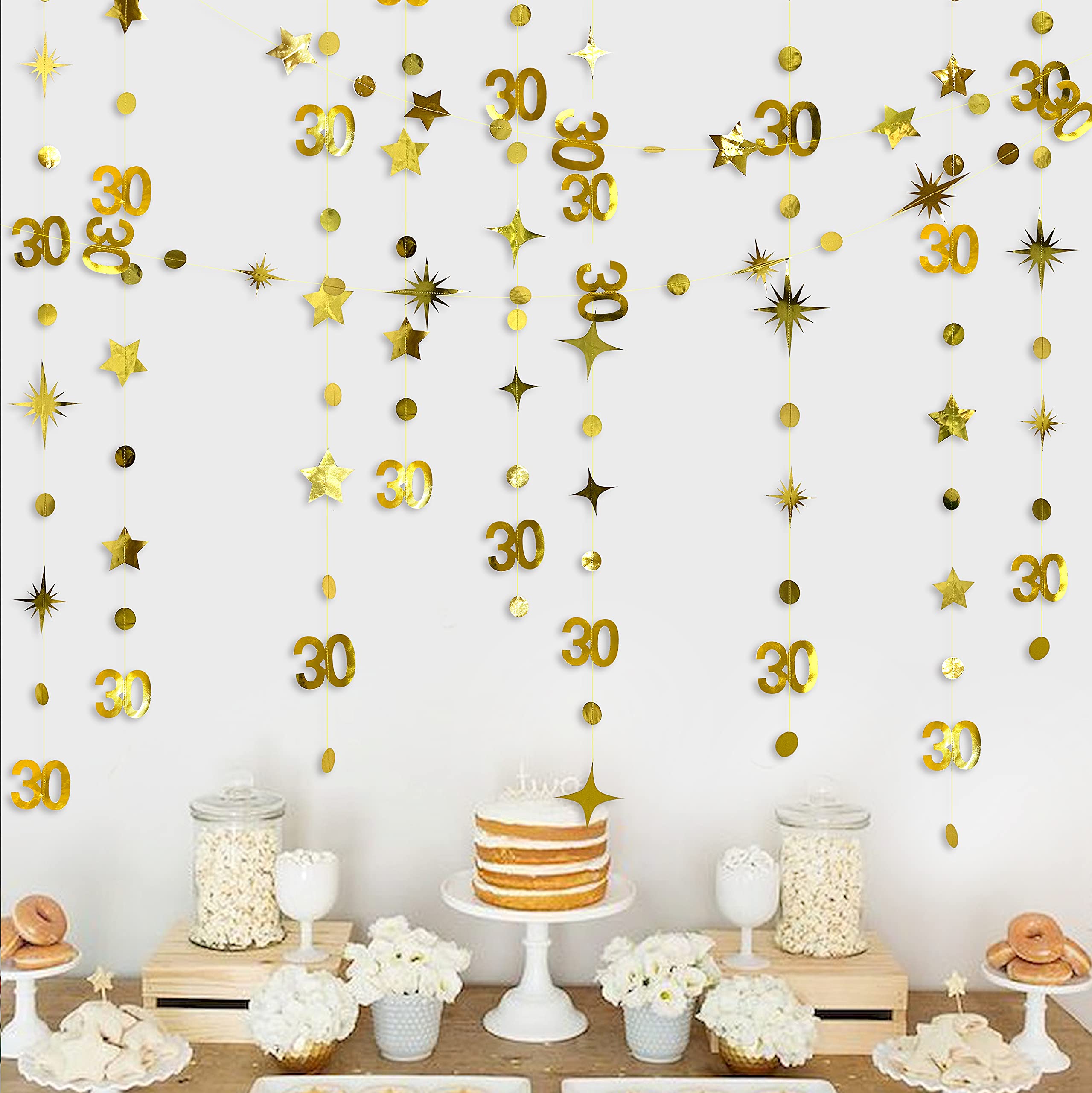 Gold 30Th Birthday Decorations Number 30 Circle Dot Twinkle Star Garland Metallic Hanging Streamer Bunting Banner Backdrop For H