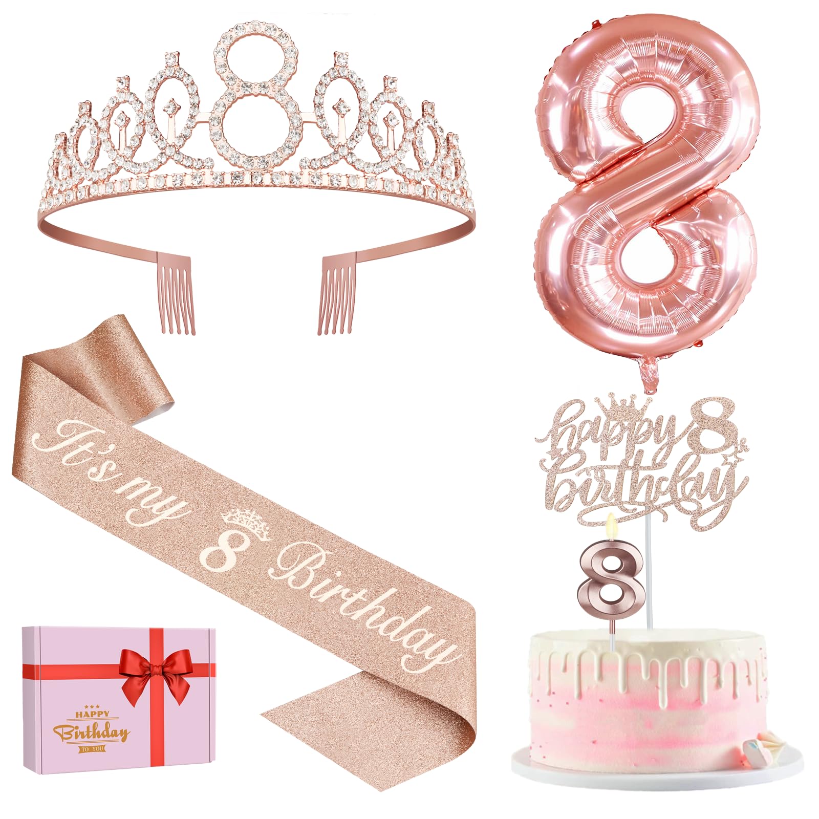 8Th Birthday Decorations Gifts For Girls Including 8Th Birthday Girl Sash And Tiara, 8Th Birthday Candles And Cake Topper, Numbe