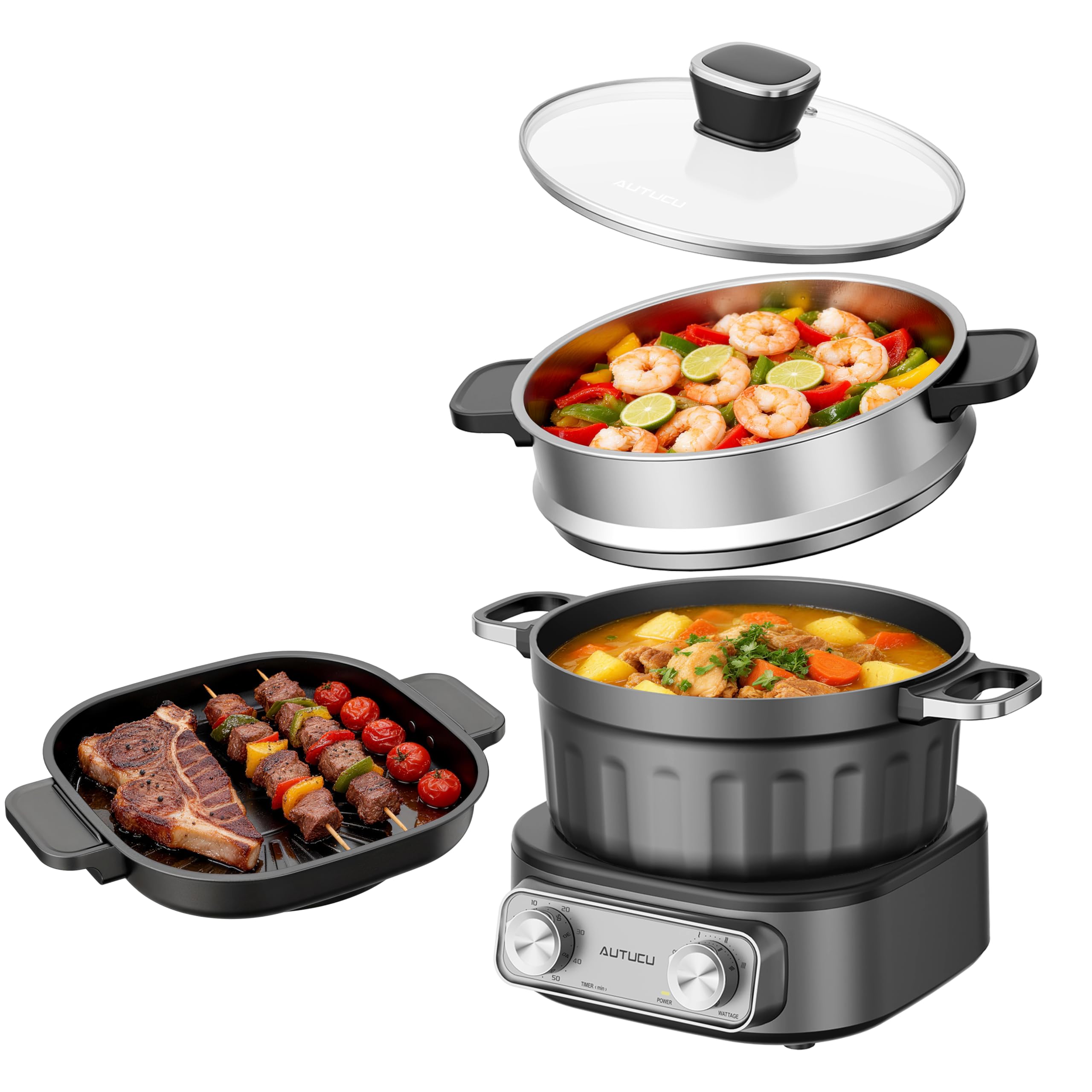 N74SNA Hot Pot Electric, MultiCooker 2.5 Quart Grill Steamer Set, PFOAFree Nonstick for Steak, Soup, Fried Rice, Oatmeal, Egg,