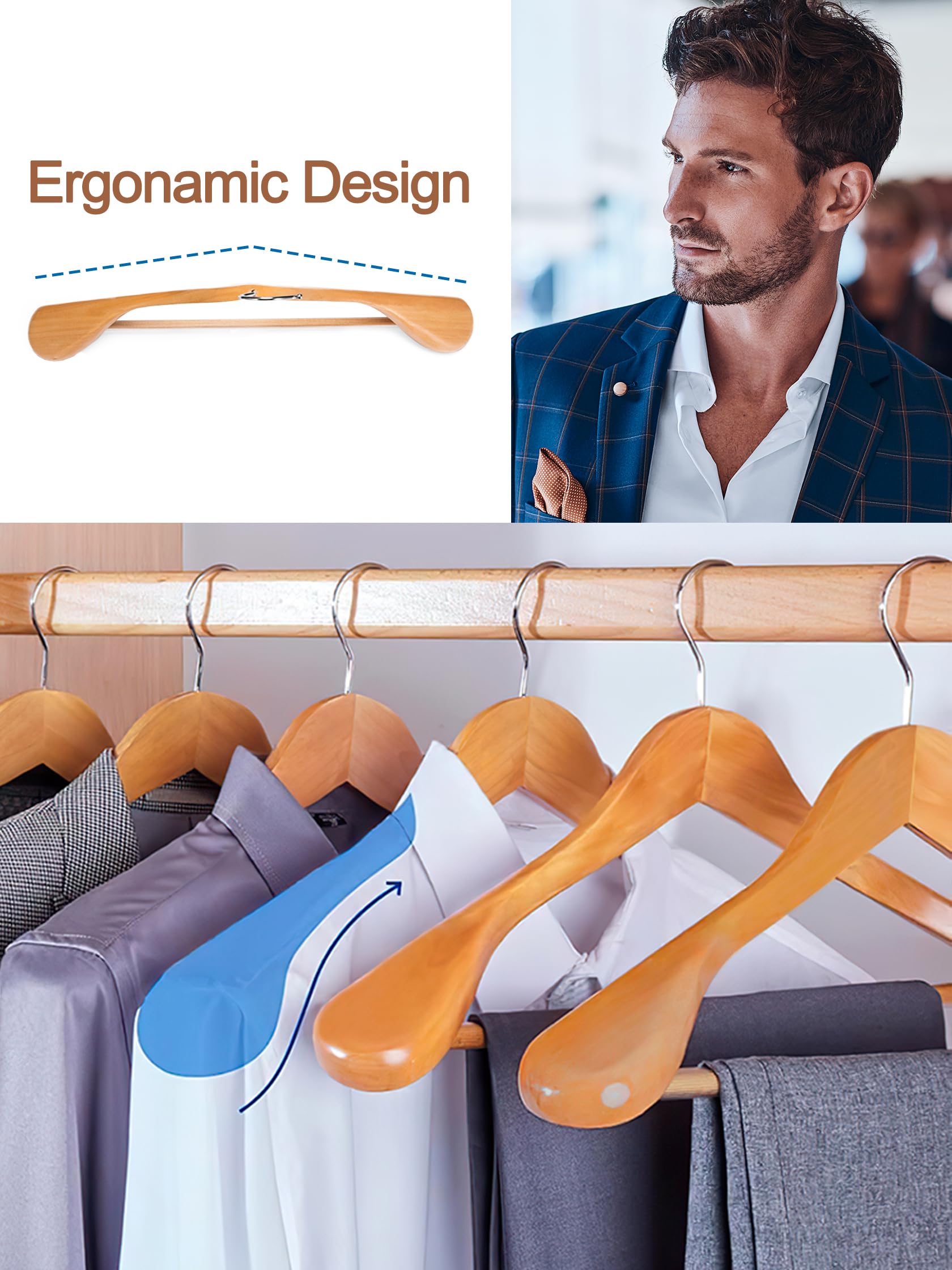 HOUSE DAY Wide Shoulder Wooden Hangers  Suit Hangers with Non Slip Pants Bar  Smooth Finish 360? Swivel Hook High-Grade Solid Wood Coat Hangers for Dress  Jacket  Heavy Clothes Hanger 6 Pack (Natural)