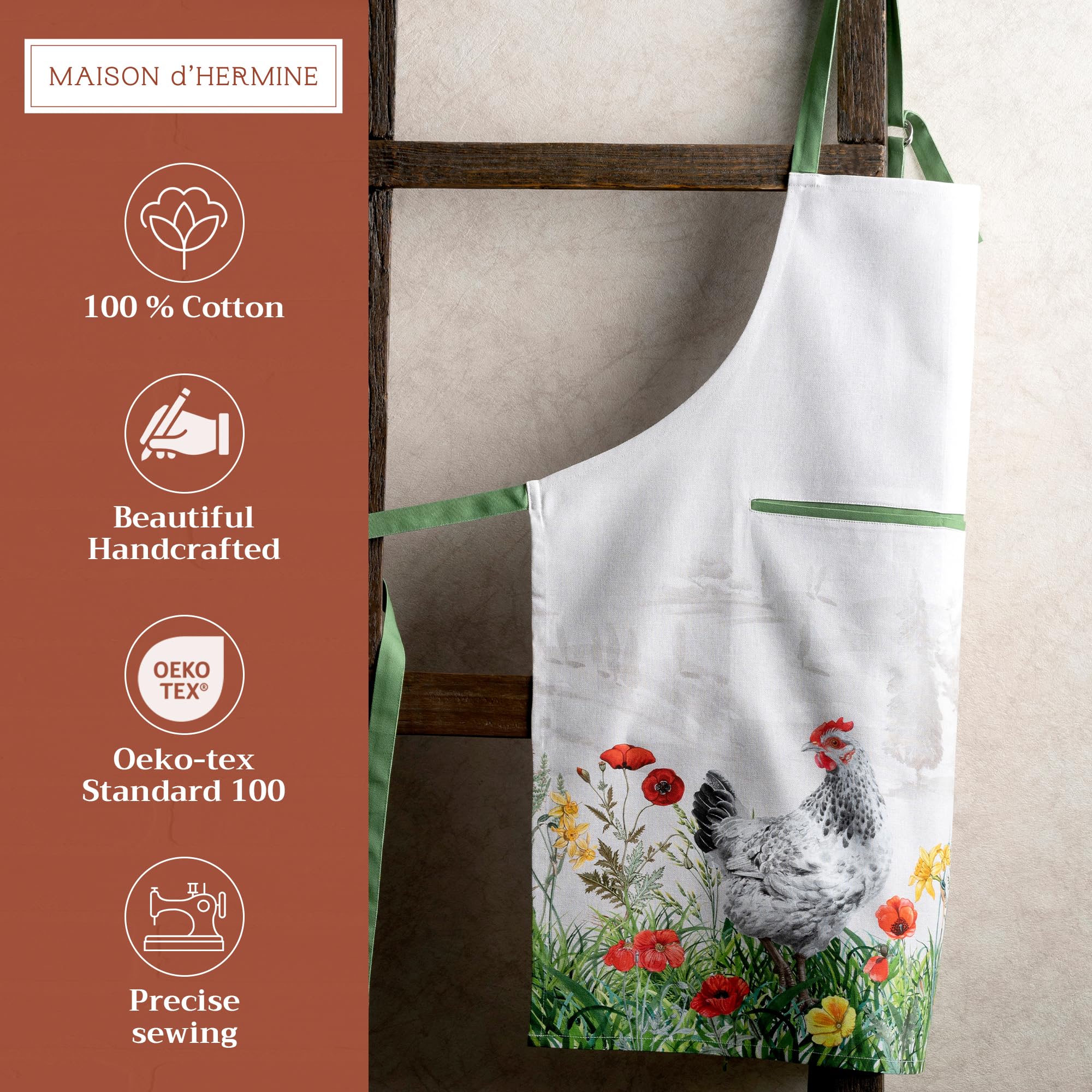 Maison d ' Hermine Apron 100% Cotton 27.50 Inch x 31.50 Inch 1 Piece Adjustable Neck Strap Cloth Apron with Center Pocket & Long Ties for Gifts  Women & Men  Basse Cour - Spring/Summer