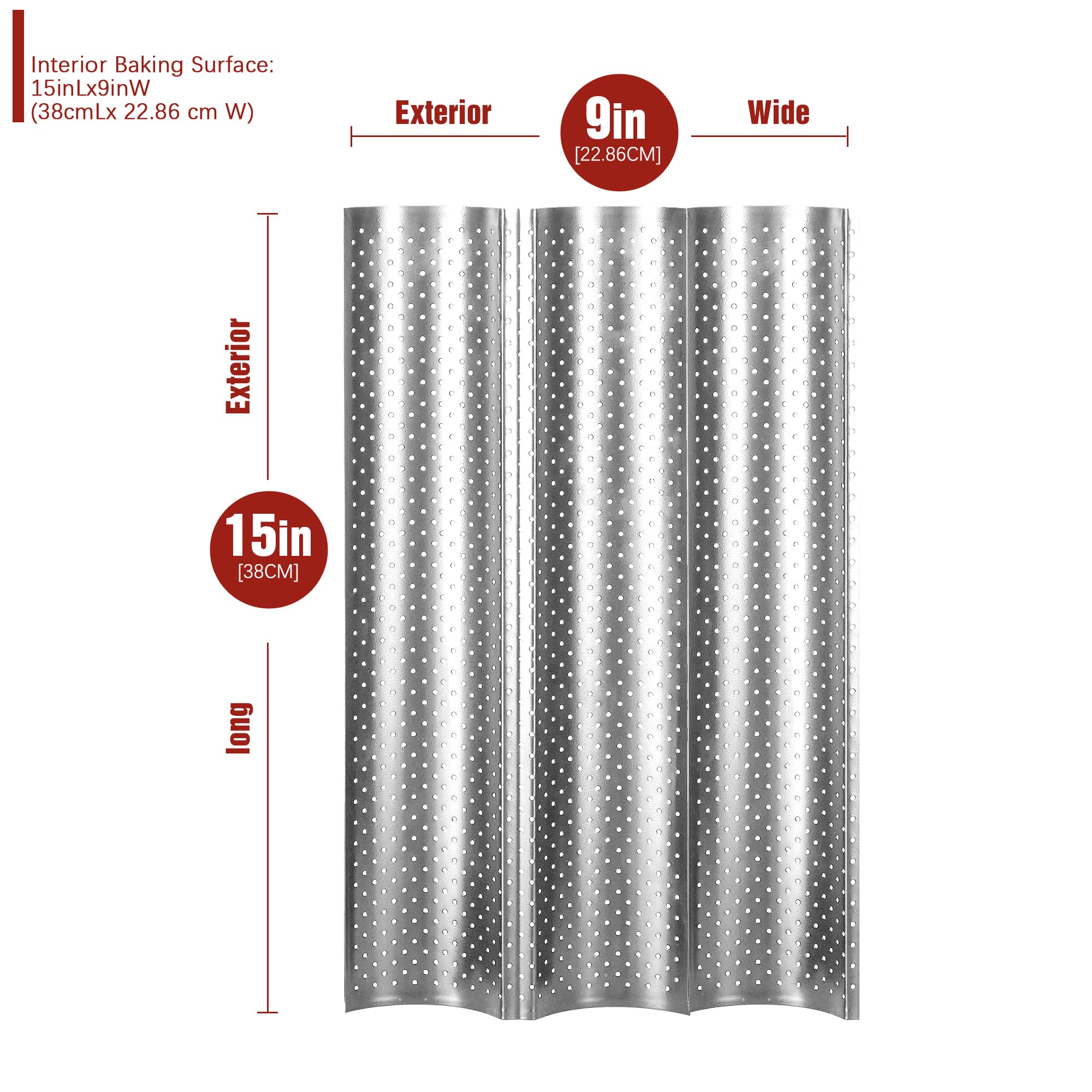 Kitessensu Nonstick Baguette Pans For French Bread Baking, Perforated 3 Loaves Baguettes Bakery Tray, 15'' X 9'', Silver