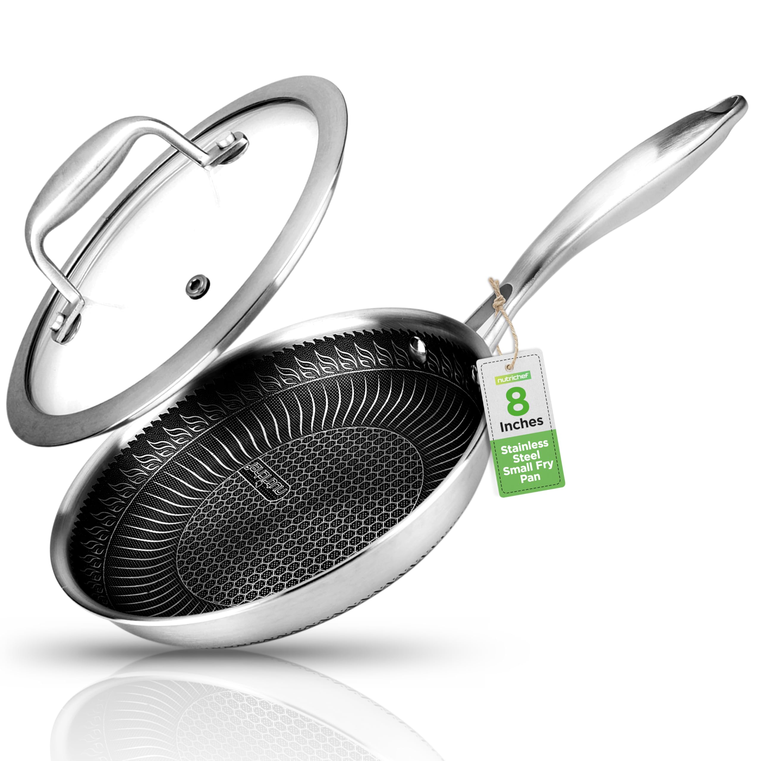 NutriChef 8 Stainless Steel Frying Pan - Triply Kitchenware Stir Fry Pan Kitchen Cookware w/DAKIN Etching Non-Stick Coating, Scr