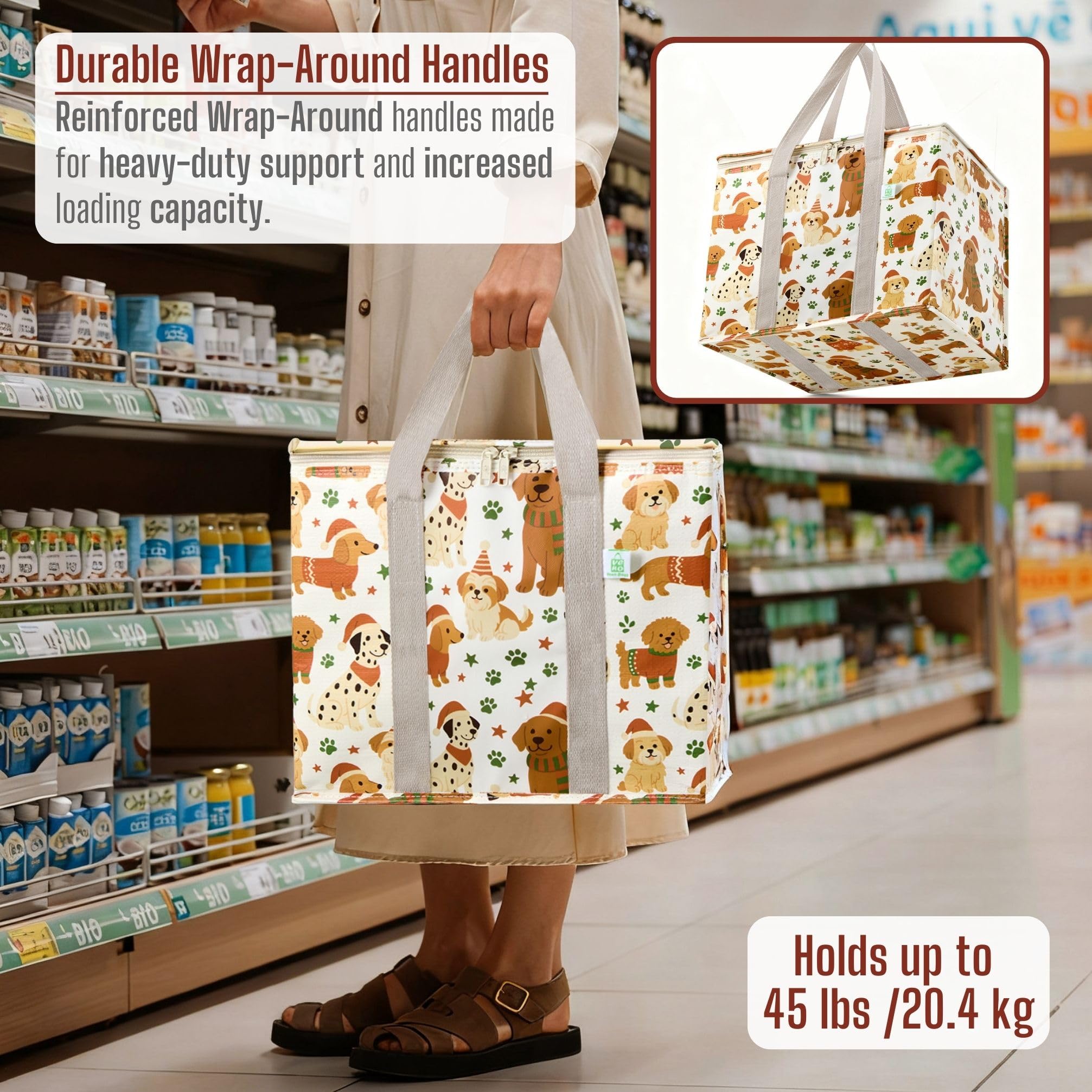 VENO 2 Pack Christmas Cooler Bag Insulated Reusable Grocery Shopping Bag, Food Delivery, Heavy Duty, Large Size, Durable Handles