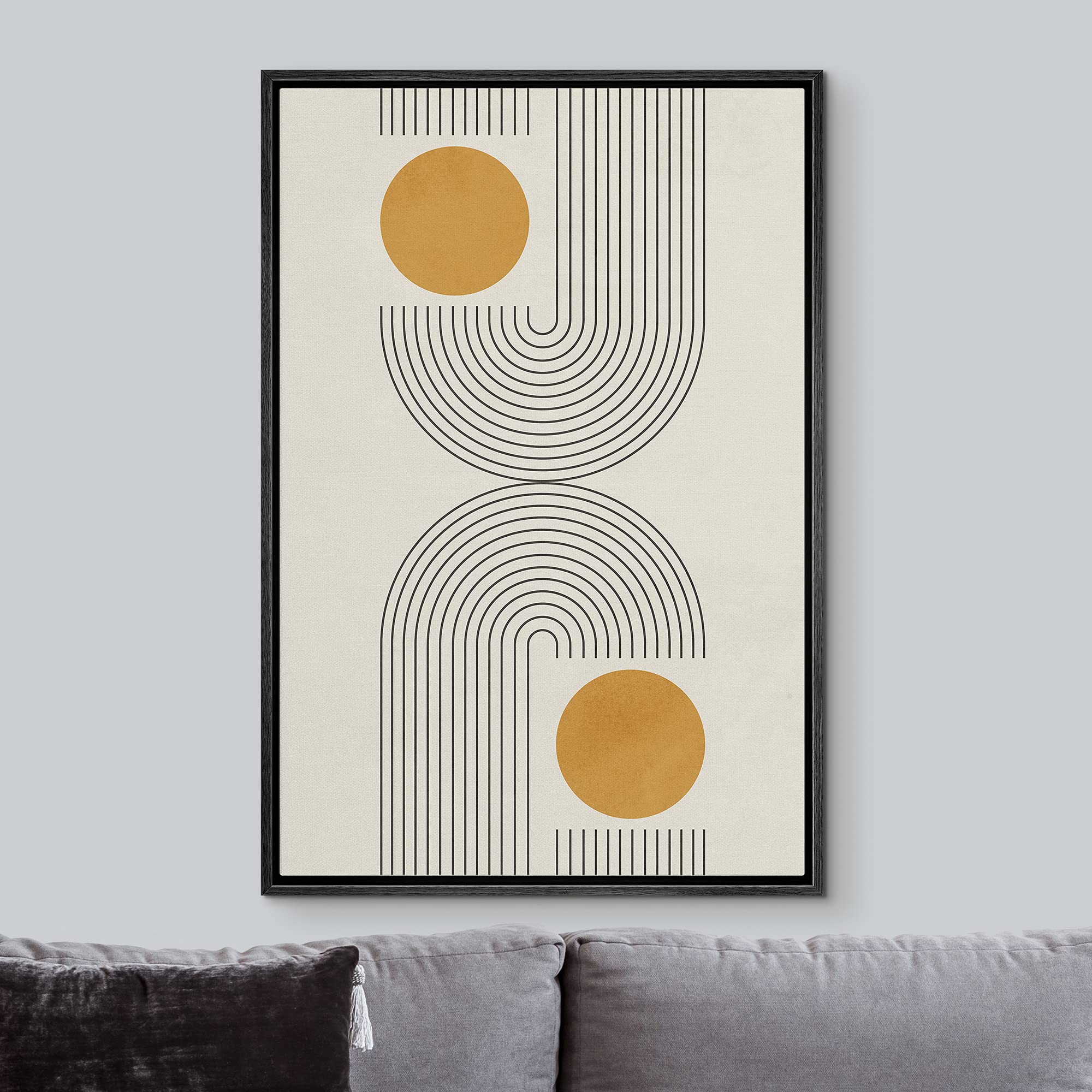 Idea4Wall Framed Canvas Print Wall Art Black Illusion Line Art With Yellow Circles Geometric Shapes Illustrations Abstract Mid-C