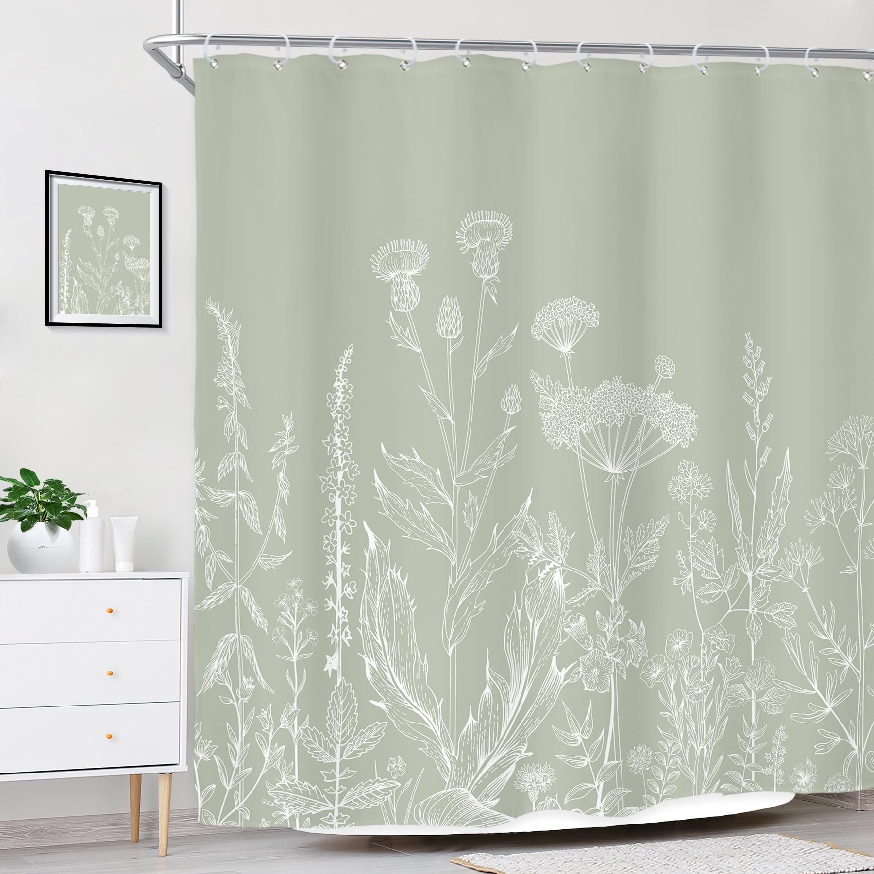 Riyidecor Sage Green Floral Wildflower Shower Curtain For Bathroom Decor 72Wx72H Plant Herbs Botanical Spring Nature Leaf Rustic