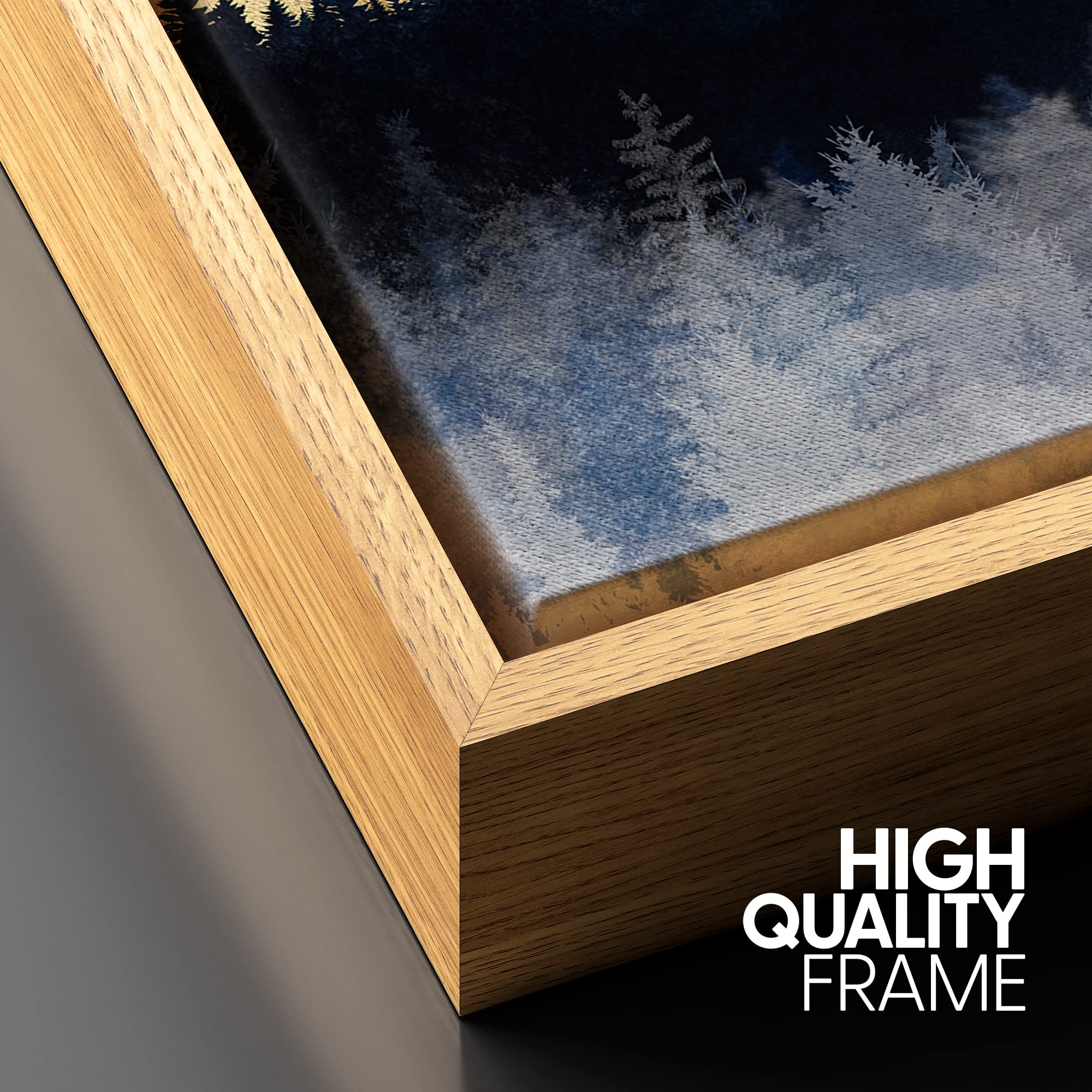 Signford Framed Canvas Print Wall Art Gold Blue Moonlight Mountain Forest Nature Wilderness Illustrations Modern Art Rustic Zen