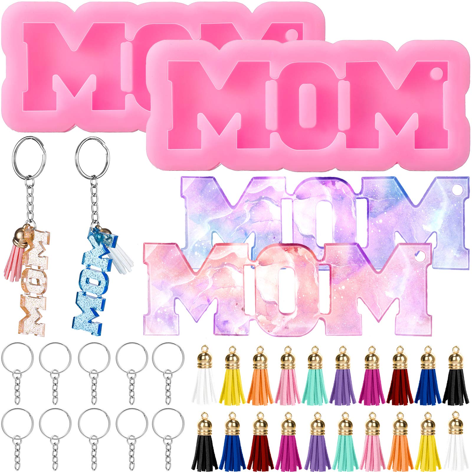 2 Pieces Mom Word Silicone Keychain Resin Mold Mother Day Gift Candy Fondant Mold With Hole 20 Pieces Keychain Rings 20 Pieces K