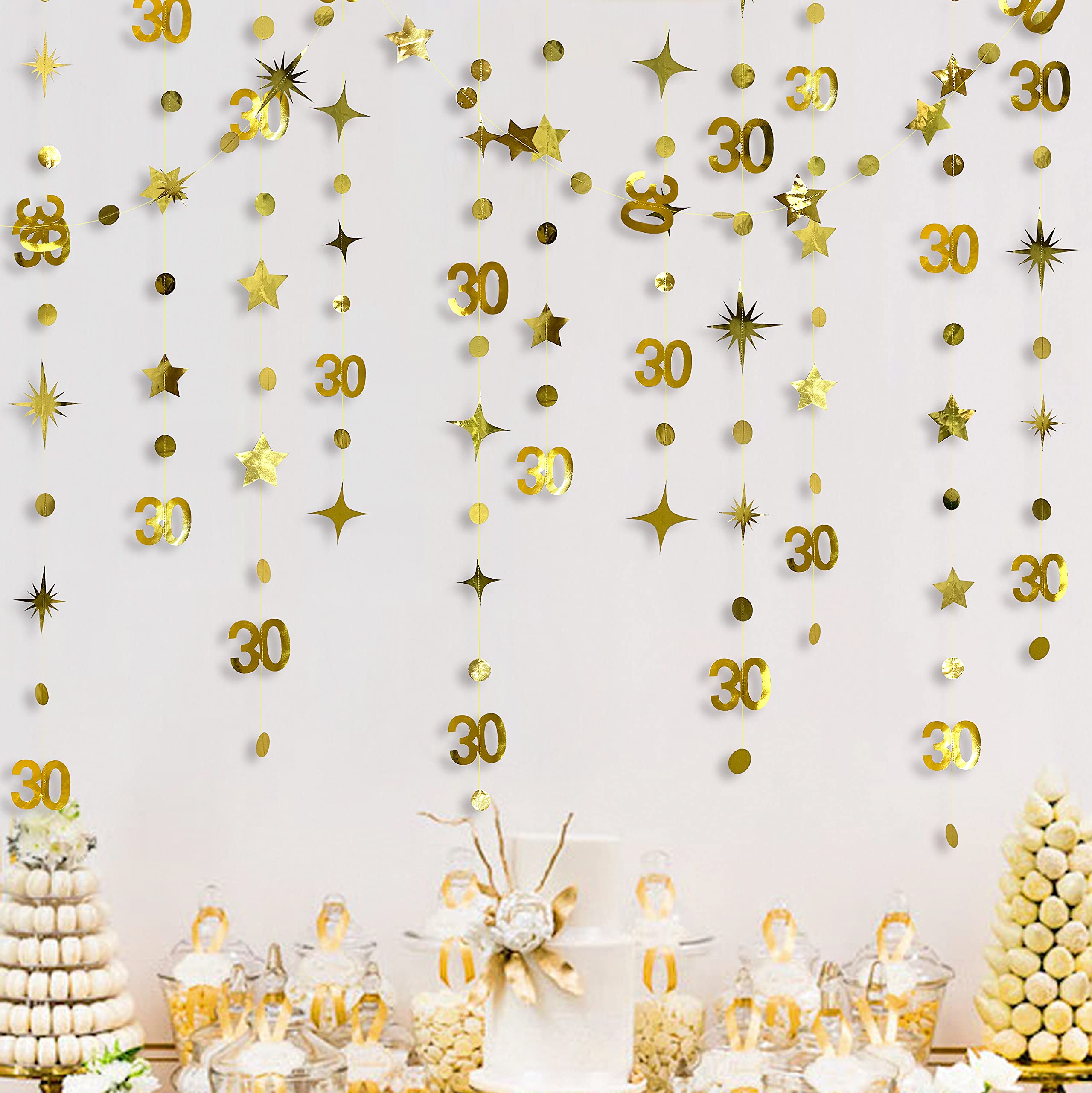 Gold 30Th Birthday Decorations Number 30 Circle Dot Twinkle Star Garland Metallic Hanging Streamer Bunting Banner Backdrop For H
