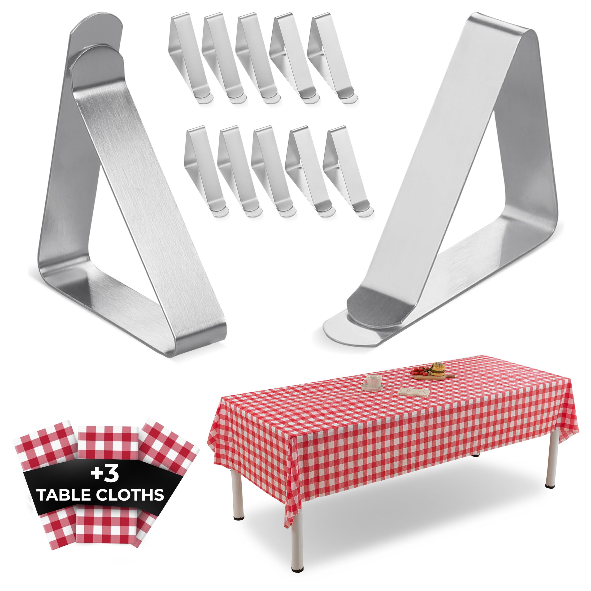 12 Pack Large Tablecloth Clips with 3 Tablecloths - Stainless Steel, Heavy Duty Table Clips for Home, Restaurants, Picnic, Party