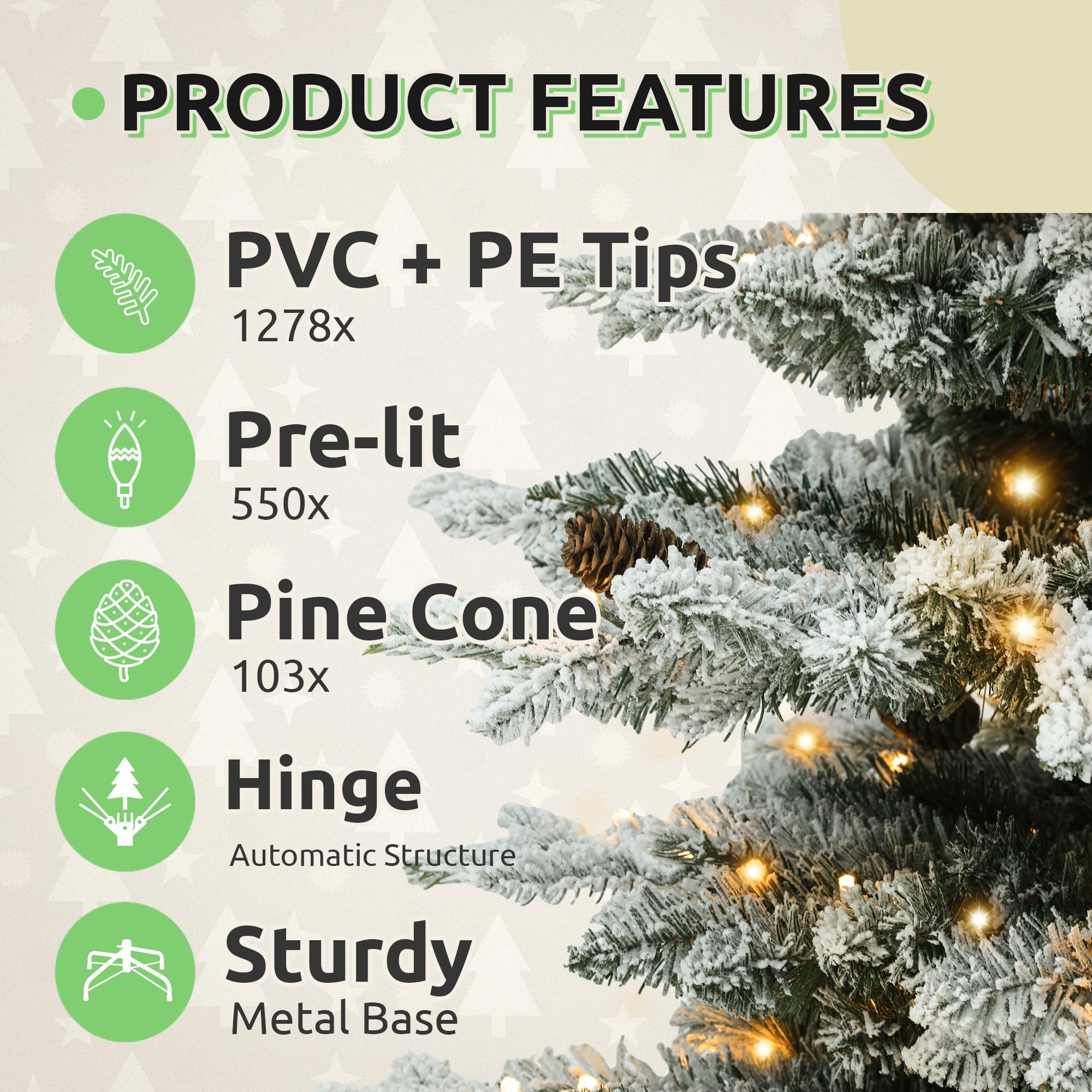 GOOBED 7.5FT Pre-Lit Flocked Spruce Christmas Tree with 550 Lights & 1278 Tips, Pre-Decorated Mountain Pine Layered Spruce Chris