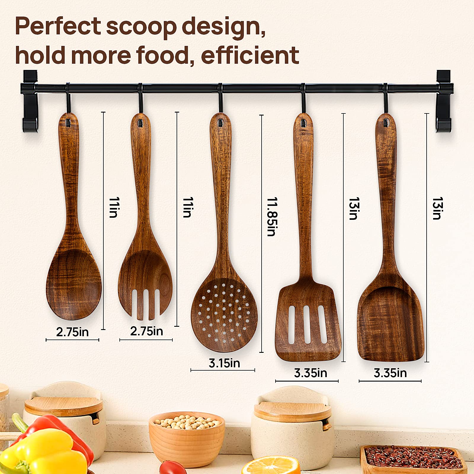 Tanaab Kitchen Wooden Spoons Utensils Set For Cooking, 5 Piece Acacia Wood Spoon Cooking Utensils Apartment Essentials Wooden Tu