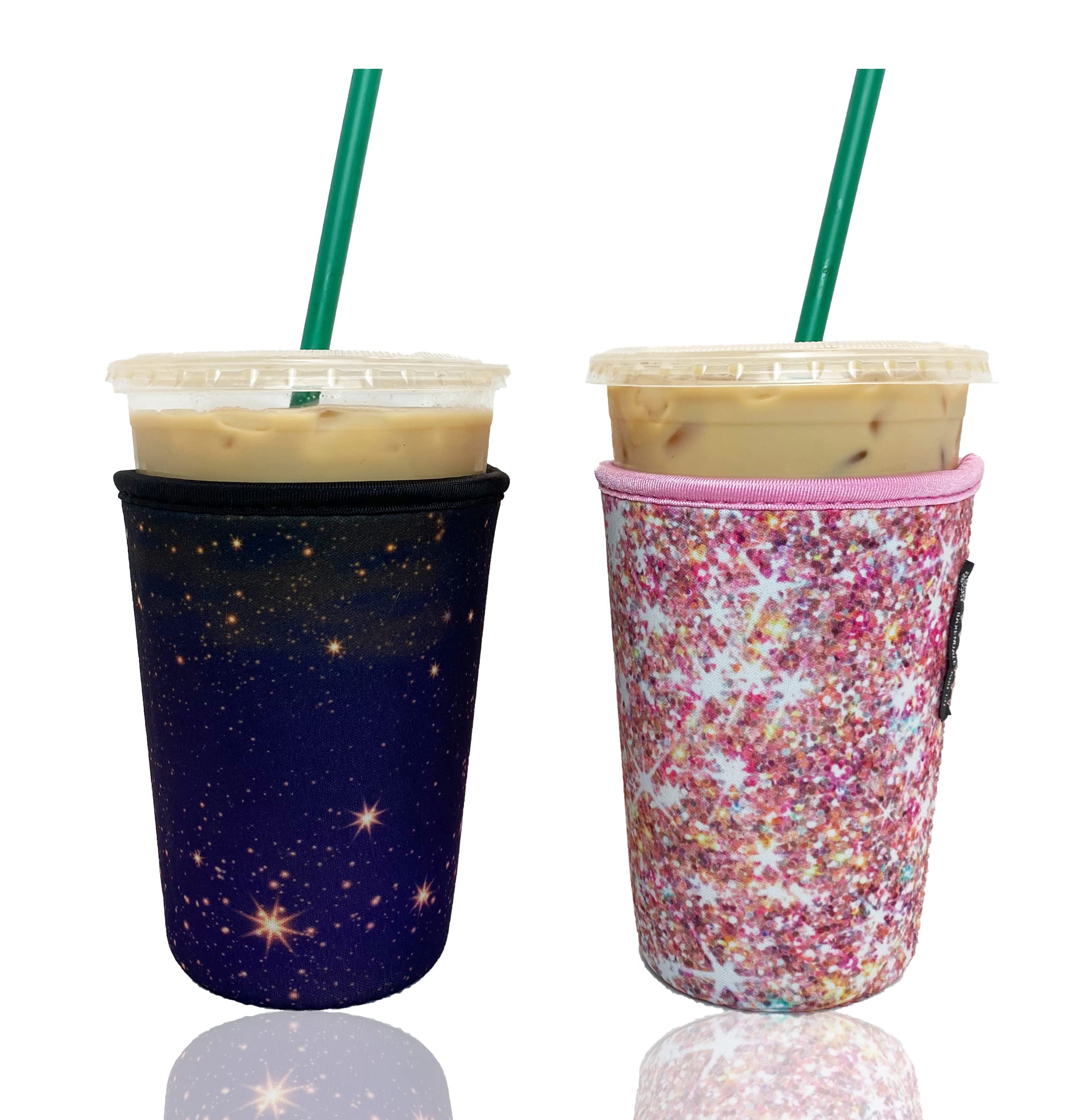 Baxendale And Co Reusable Neoprene Insulator Sleeves For Iced Coffee And Cold Drink Cups (2 Pk Medium 22-24Oz, Glitter/Sky Mix)