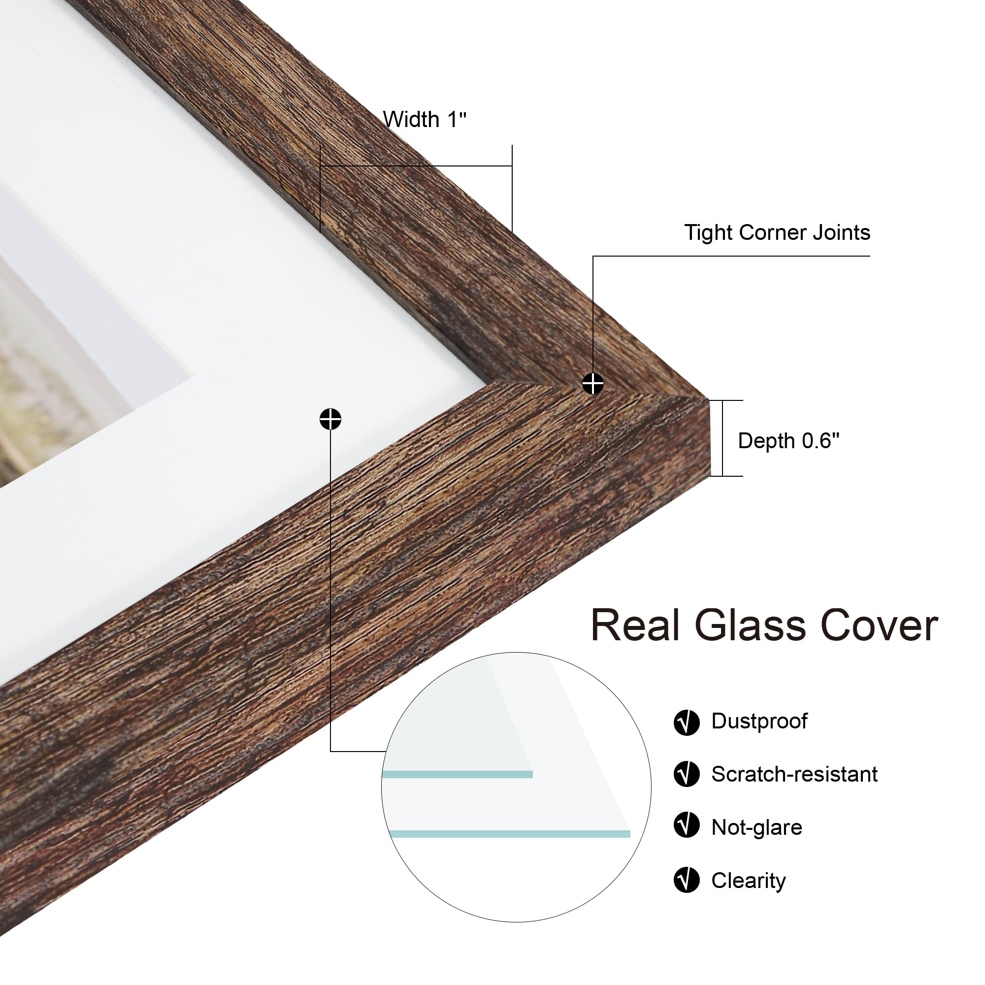 Hongkee 10x10 Picture Frame Set of 2, Real Glass and Rustic Brown Collage Frame, Display Pictures Four Opening 4x4 With Mat or 1