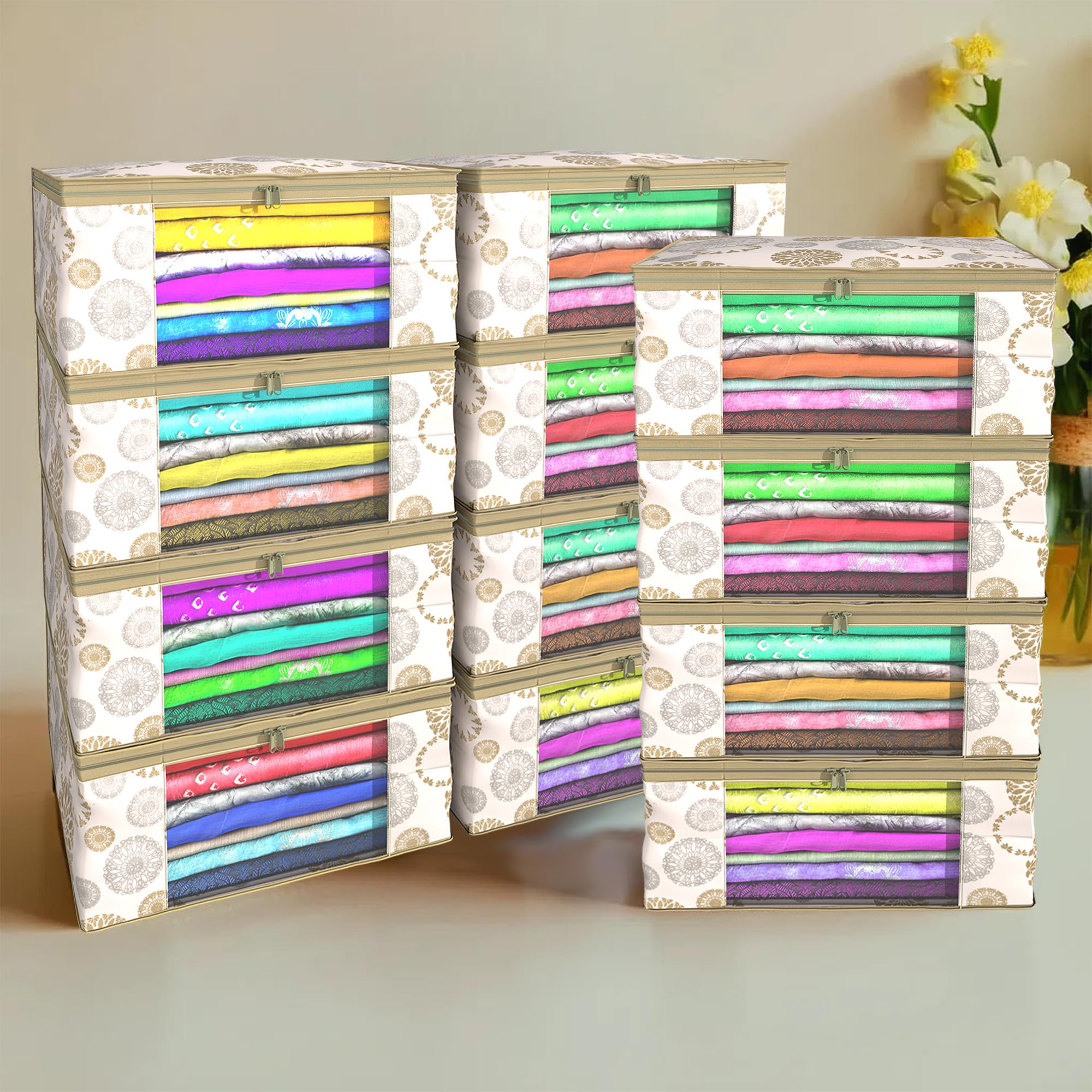 Kuber Industries Cotton Pack Of 12 Saree Storage Bag | Clothes Storage Wardrobe Organizer | Visible Window Saree Bag | GolaDesi