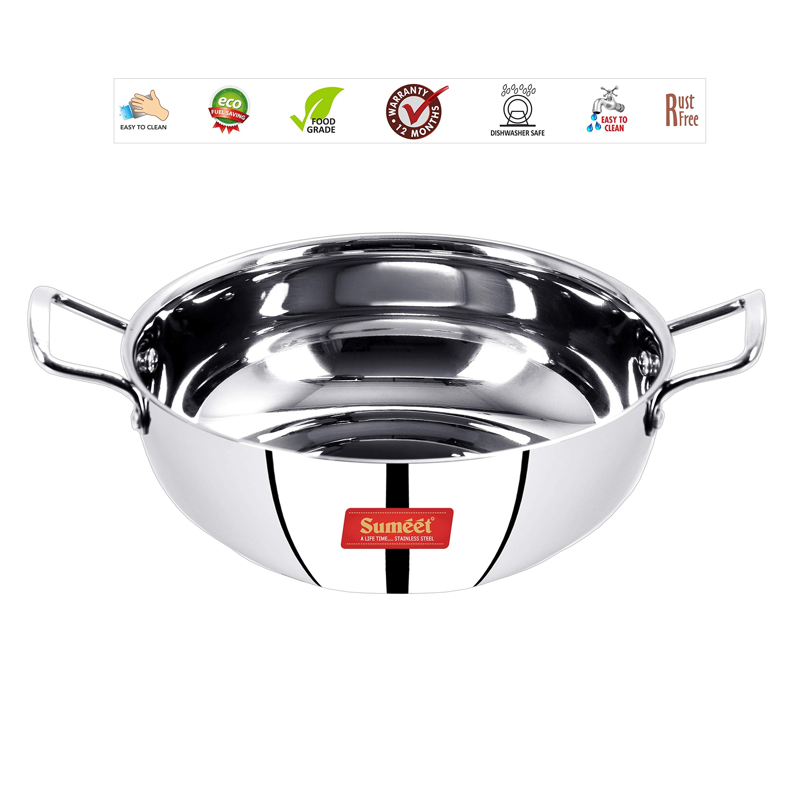Sumeet Stainless Steel Induction Bottom (Encapsulated Bottom) Induction & Gas Stove Friendly Kadhai Size No.11 (1.5 Ltr)