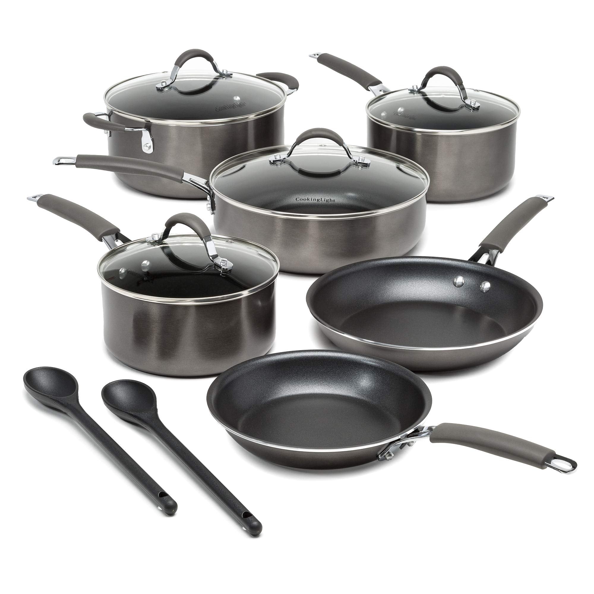 Cooking Light Allure Non-Stick Ceramic Cookware with Silicone Stay Cool Handle, 12 Piece Set, Charcoal
