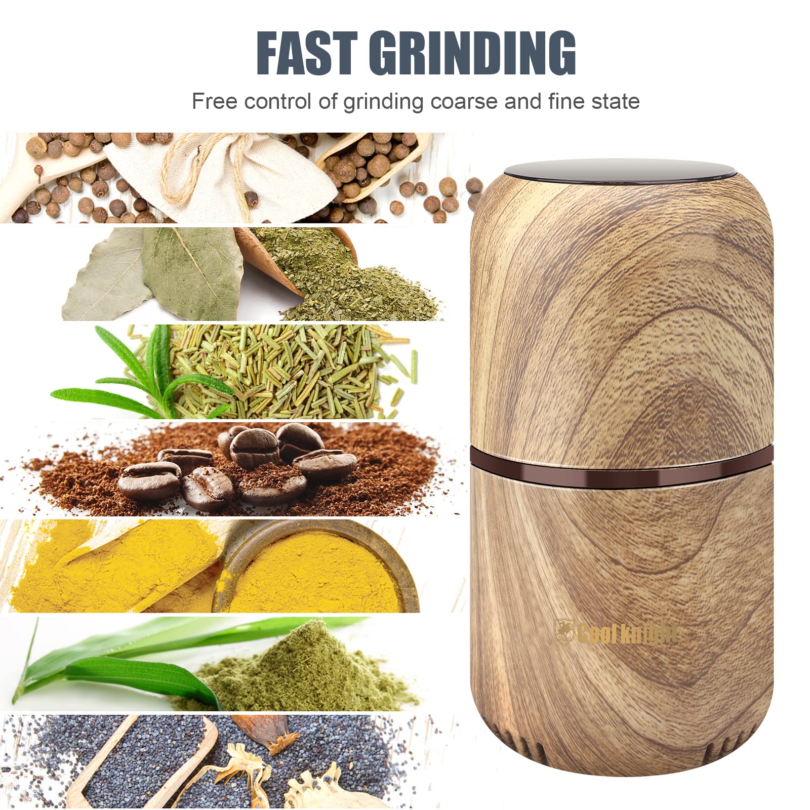 Cool Knight Herb Grinder [Large Capacity/Fast/Electric ]-Spice Herb Coffee Grinder With Pollen Catcher/- 7.5'' (Wood Grain)