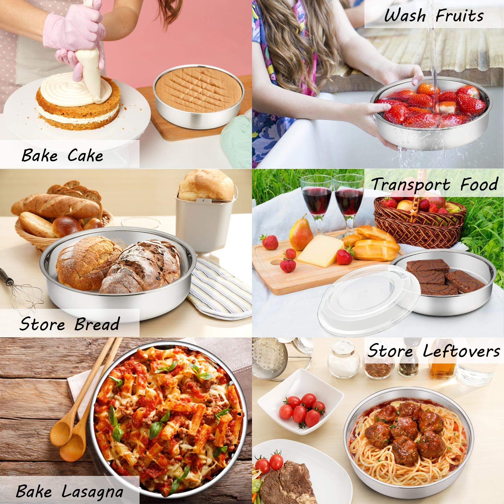 P&P Chef 8-Inch Cake Pan With Lid Set (3 Pans + 3 Lids), Stainless Steel Round Baking Pan For Picnic Wedding Birthday, Leakproof