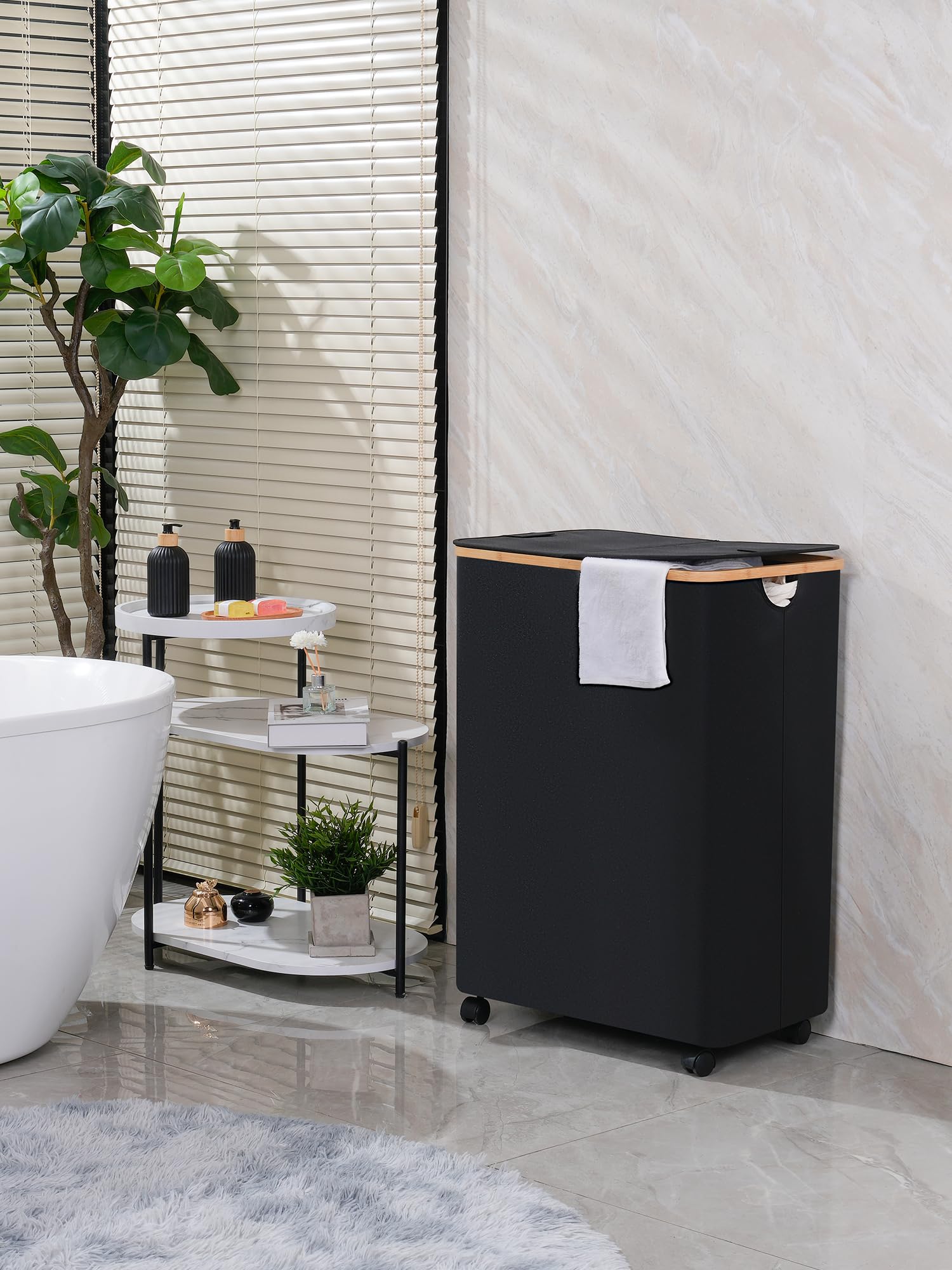 Efluky Double Laundry Hamper With Wheels, Divided Laundry Hamper With Removable Bags, 2 Section Dirty Clothes Basket With Handle