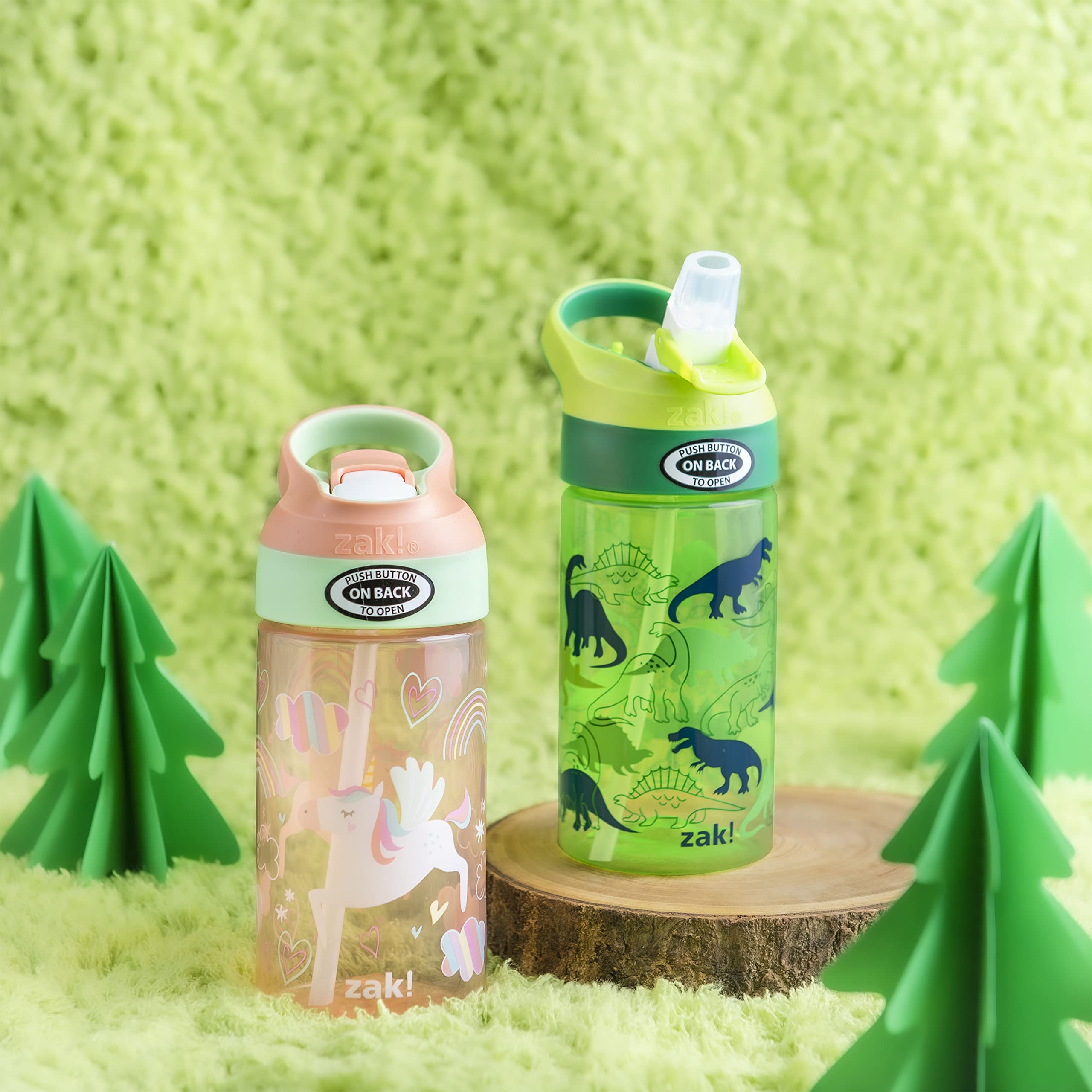 Zak Designs 16oz Riverside Kids Water Bottle with Spout Cover and Built-in Carrying Loop  Made of Durable Plastic  Leak-Proof Water Bottle Design for Travel (Unicorn & Dino Camo  Pack of 2)