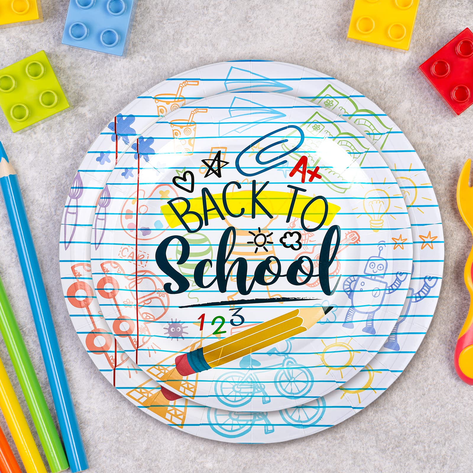 Whaline 50Pcs Back To School Paper Plates School Season Round Disposable Plates 9Inch & 7Inch Homework Pencil Prints Decorative