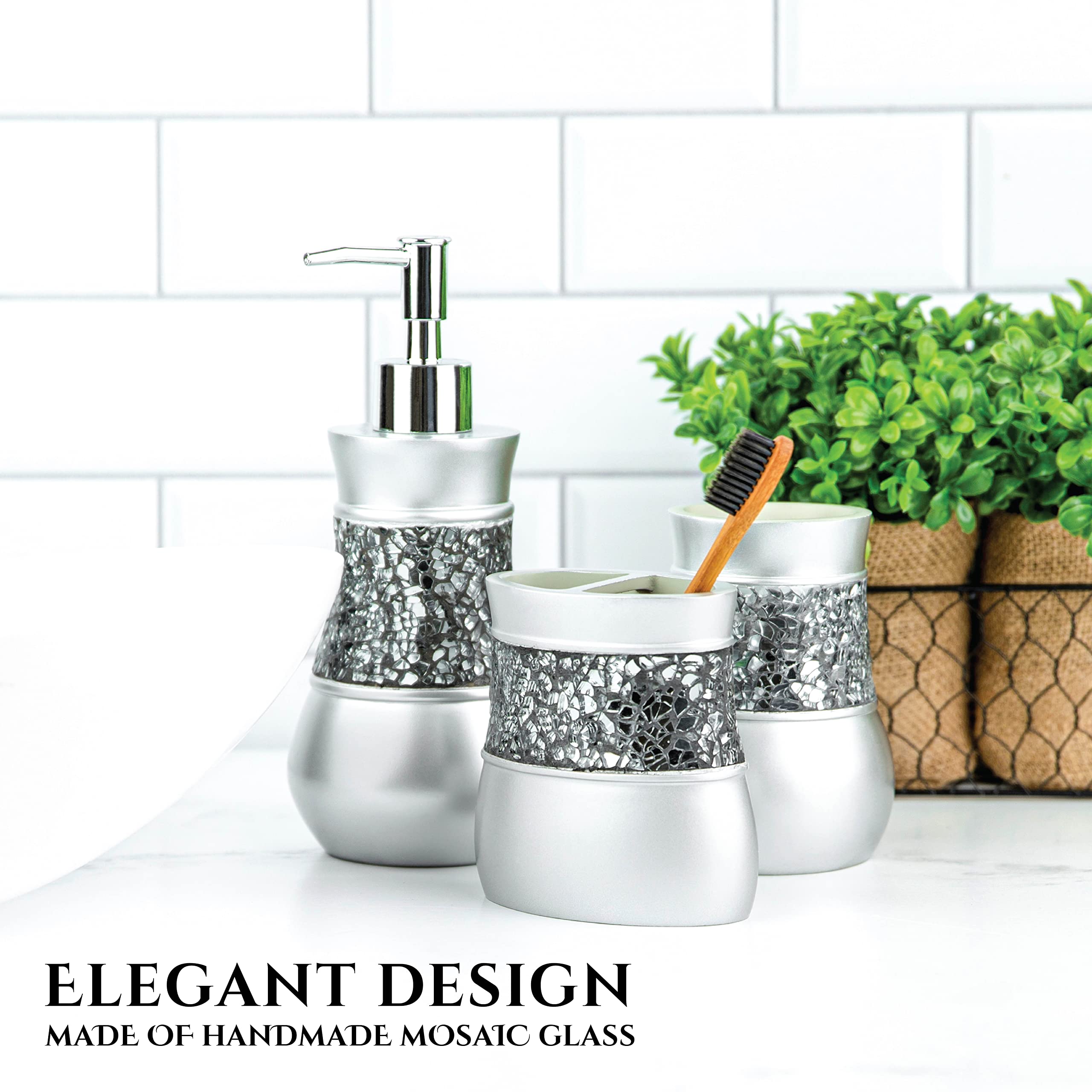 Creative Scents Silver Bathroom Accessories Set Complete - 6 Piece Mosaic Glass Bathroom Accessory Set Includes: Trash Can, Tiss