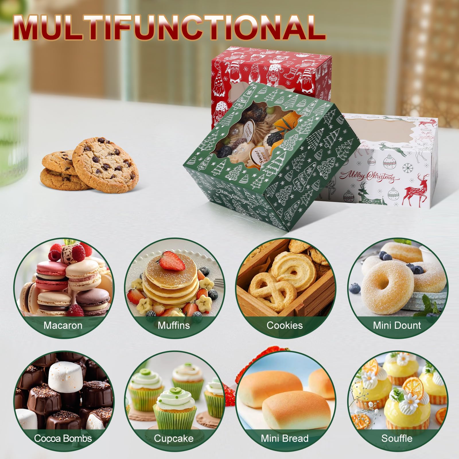 COTOPHER 30Pcs Christmas Cookie Boxes for Gift Giving, 6x6x3 inch Bakery Box with Window, Xmas treat Boxes for Holiday Party Fav