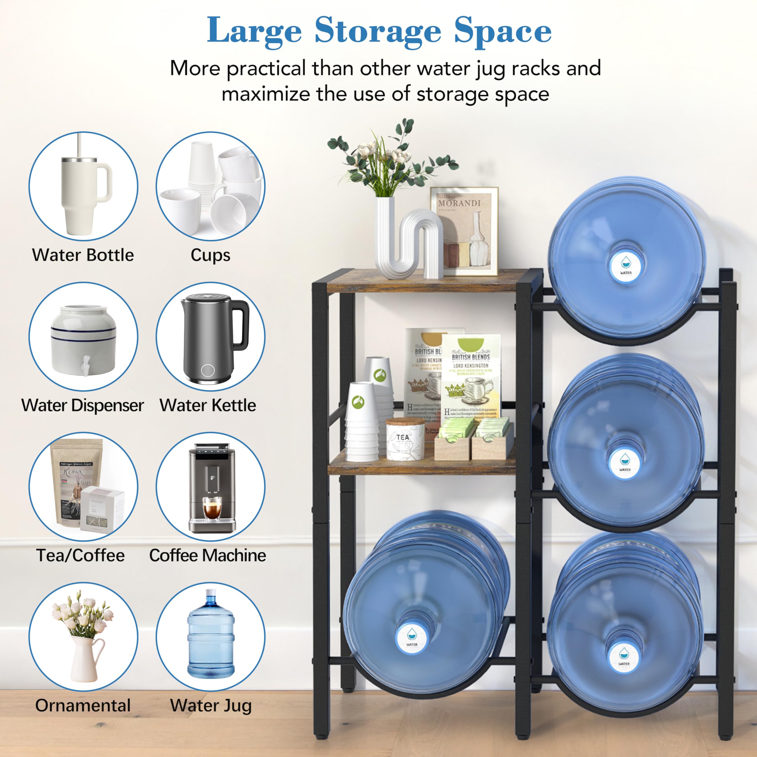 Vinaemo 5 Gallon Water Jug Holder, Water Jug Stand With Wood Storage Shelves, 5 Gal Water Bottle Holder Storage Rack With Water