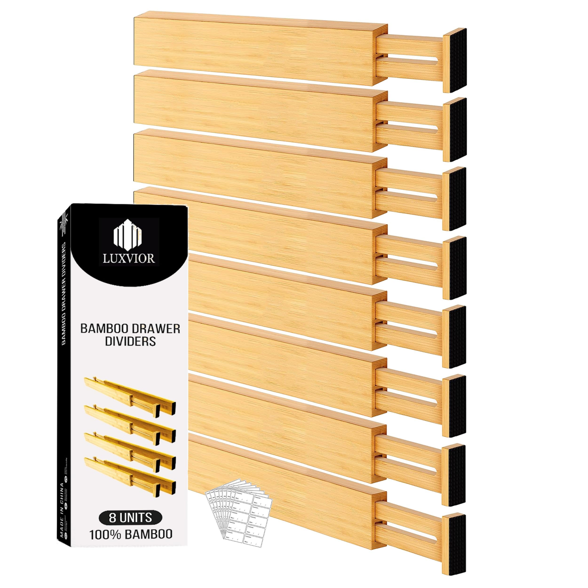 LUXVIOR Expandable Bamboo Drawer Dividers 8 pack with labels(17.5''-22'') Drawer Organizer for Kitchen, Clothes,Utensils,Silverw