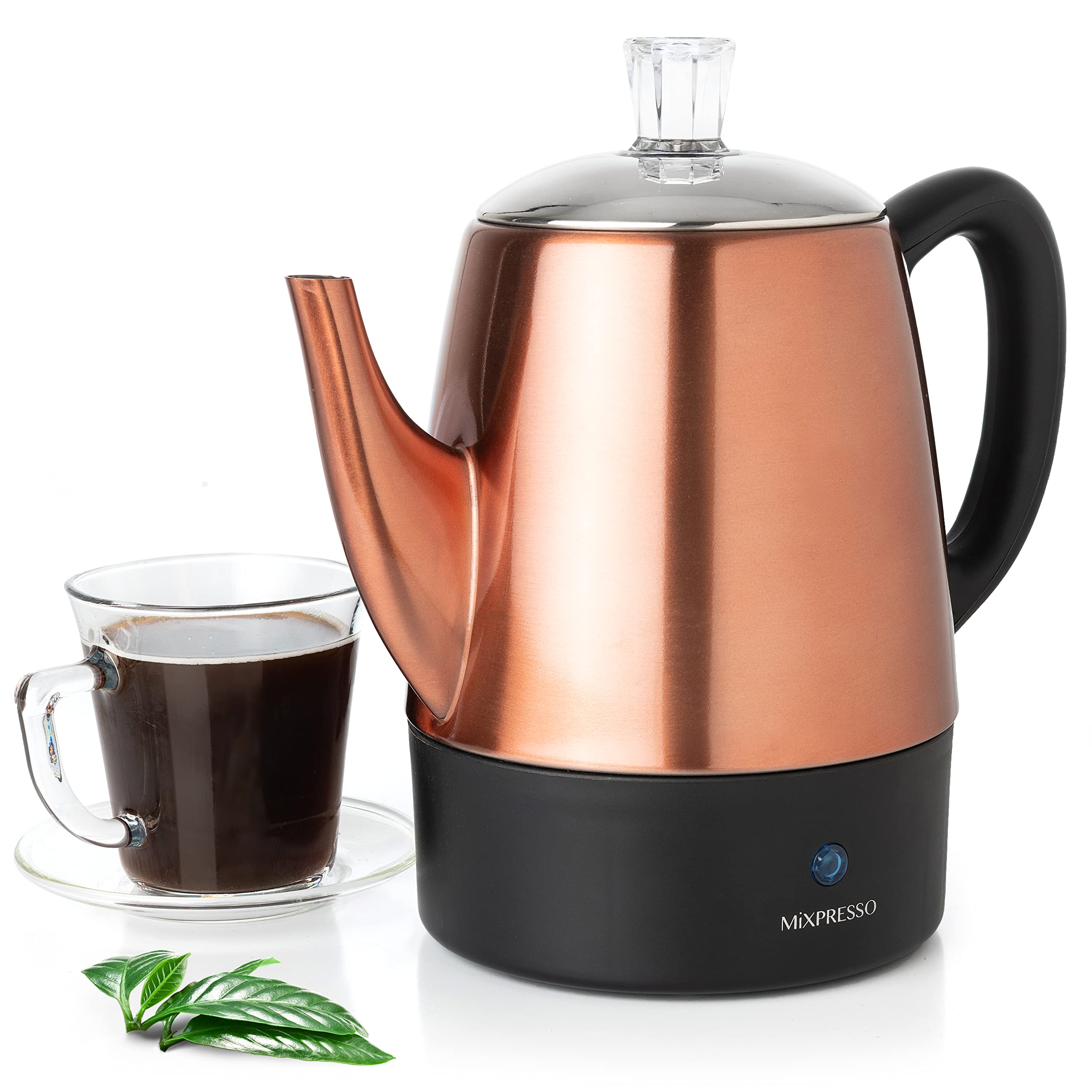 Mixpresso Electric Coffee Percolator Copper Body With Stainless Steel Lids Coffee Maker, Percolator Electric Pot - 4 Cups, Coppe