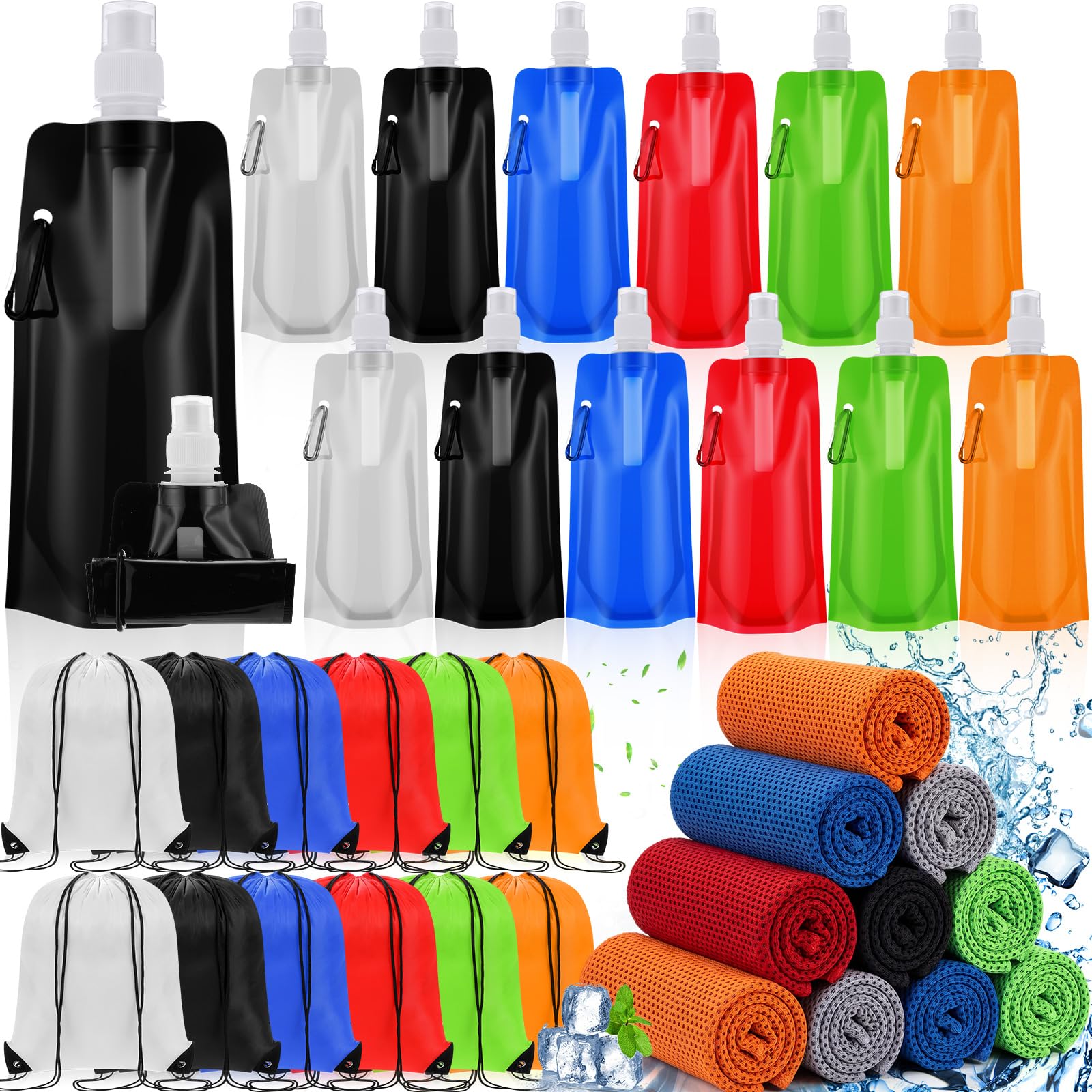 Teenyyou 36 Pcs 16 oz Collapsible Water Bottles Bulk Cooling Towels Drawstring Backpack Set Reusable Leak Proof Water Bottles wi
