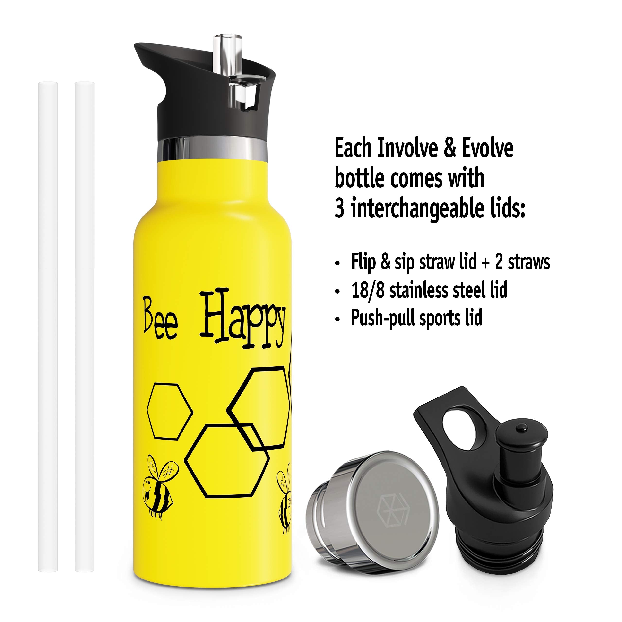 Involve & Evolve Insulated Water Bottle with 3 Lids (Straw Lid) Kids Reusable Double Walled Stainless Steel Flask Metal Bee Happy Thermos 12oz 17oz 20oz 25oz (20 oz  Yellow)