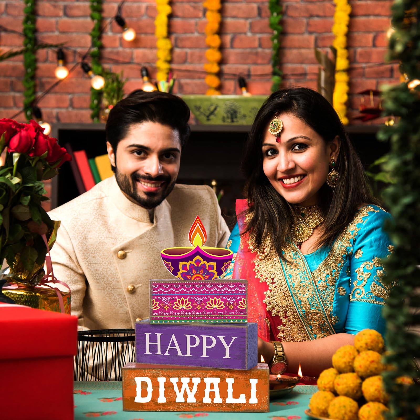 Lineshading 4 Pcs Diwali Wooden Table Decoration Centerpiece Happy Diwali Tiered Tray Decor Warm Wishes Diyas Wooden Design for