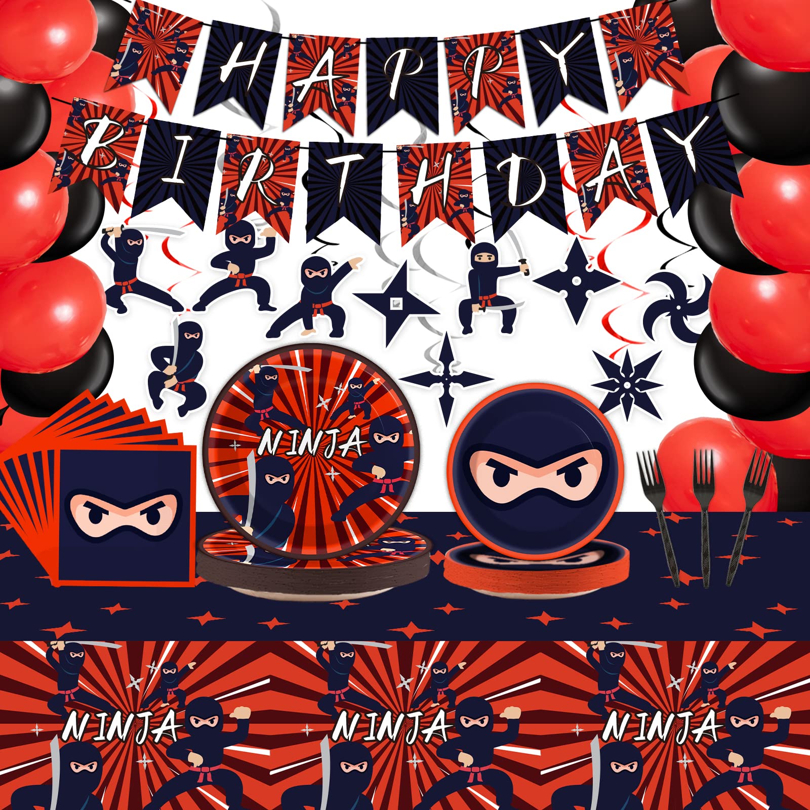 162 Pcs Ninja Birthday Party Decoration Set Ninja Warrior Party Supplies Kit Includes Ninja Master Tableware Tablecloth Hanging
