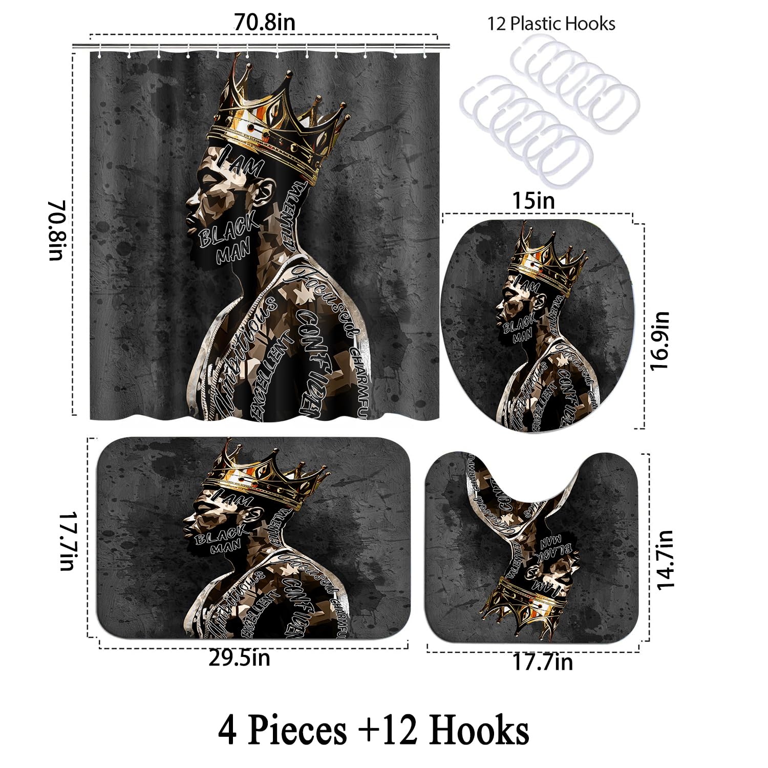 African American Shower Curtain Sets For Bathroom, Black Praying King Bathroom Sets With Waterproof Shower Curtain And Non-Slip