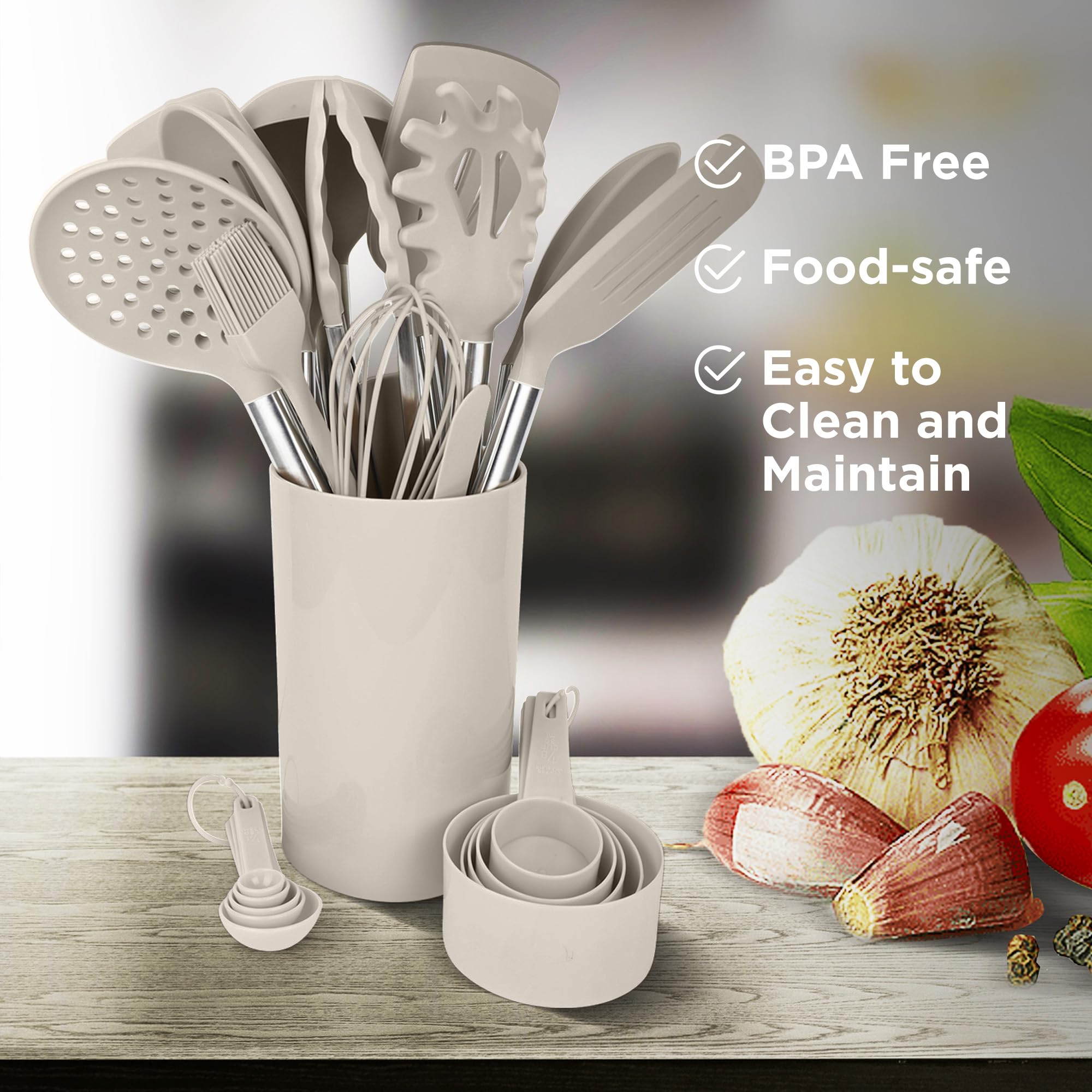 Silicone Kitchen Utensils Set - Culinary Couture 24-Pieces Khaki Silicone Cooking Utensils Set For Nonstick Cookware - Silicone