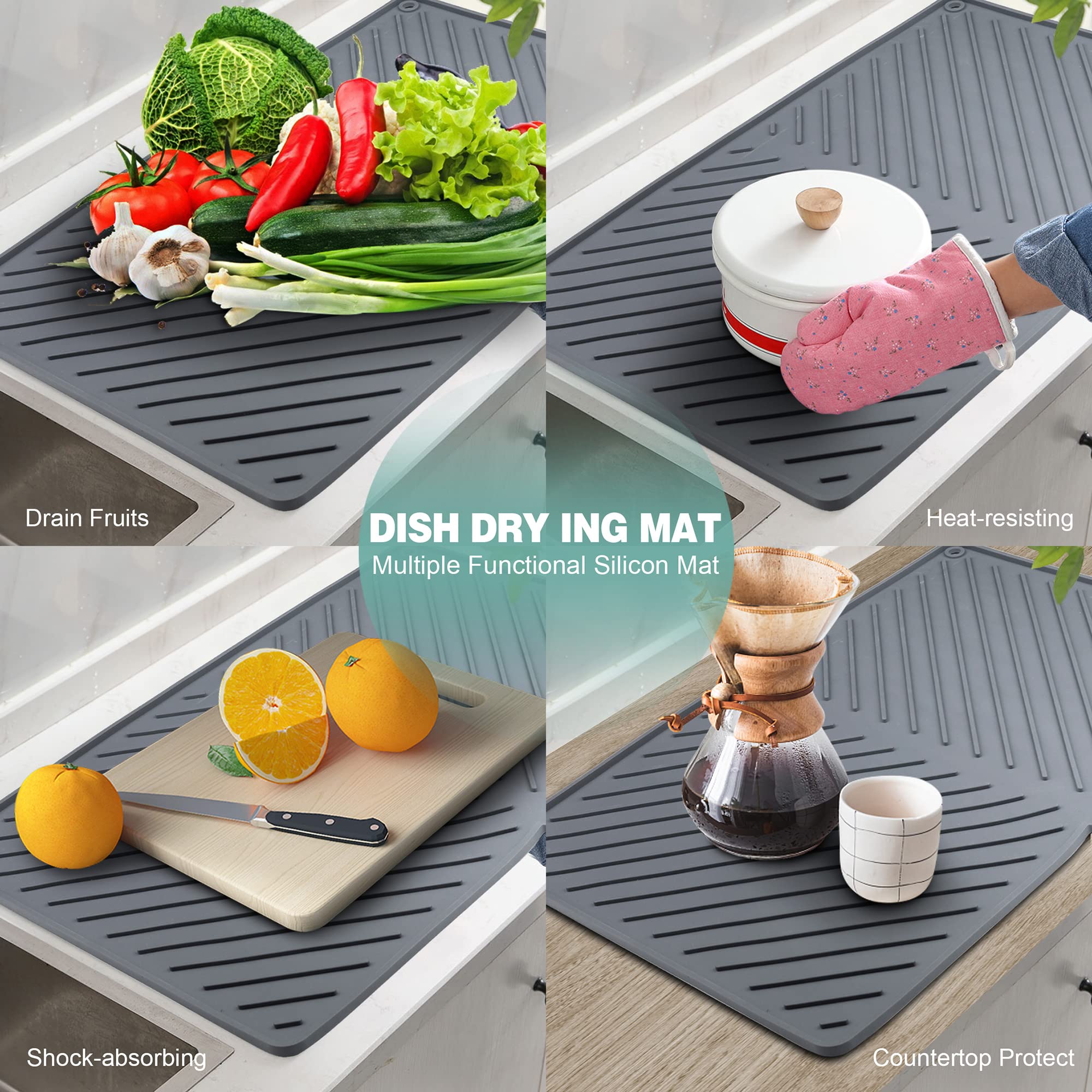 Iyyi Silicone Dish Drying Mat Xl(24'' X 15'') Dish Draining Mat For Kitchen Counter, Easy Clean, Heat Resistant, Large Drainer M